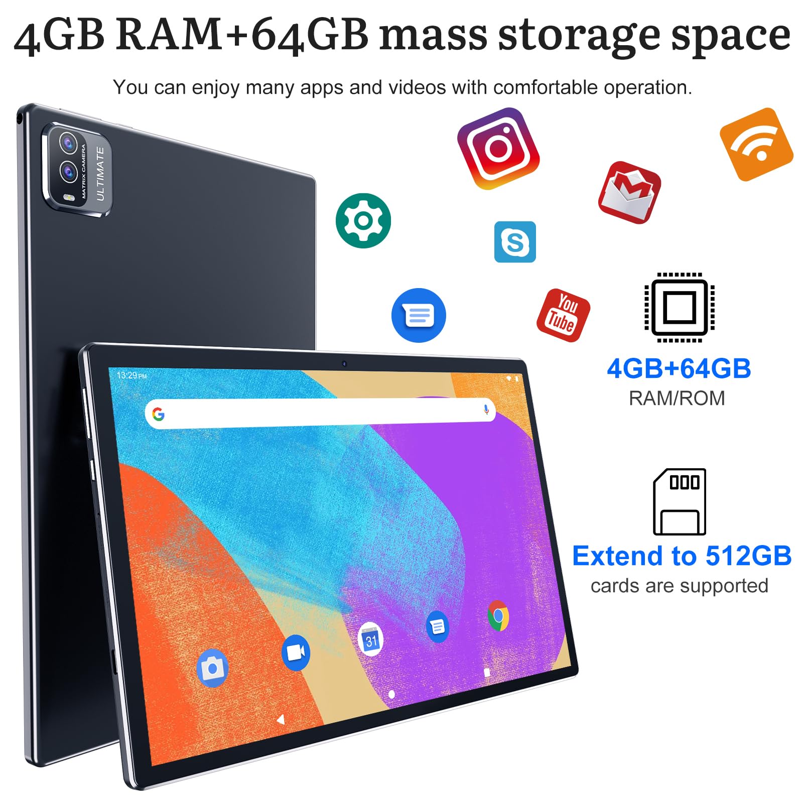 2 In 1 Tablet With Keyboard 10 Inch Android 11 Tablets, 4Gb+64Gb+512Gb Expand 1.8Ghz Quad Core Tablet Pc, 1280X800 Ips Touch Scr