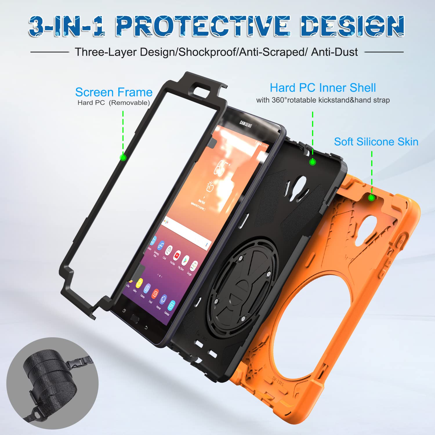 Braecnstock For Samsung Galaxy Tab A 8.0 (Sm-T380/T385) Heavy Duty Shockproof Case With 360 Rotating Kickstand & Hand Strap Shou