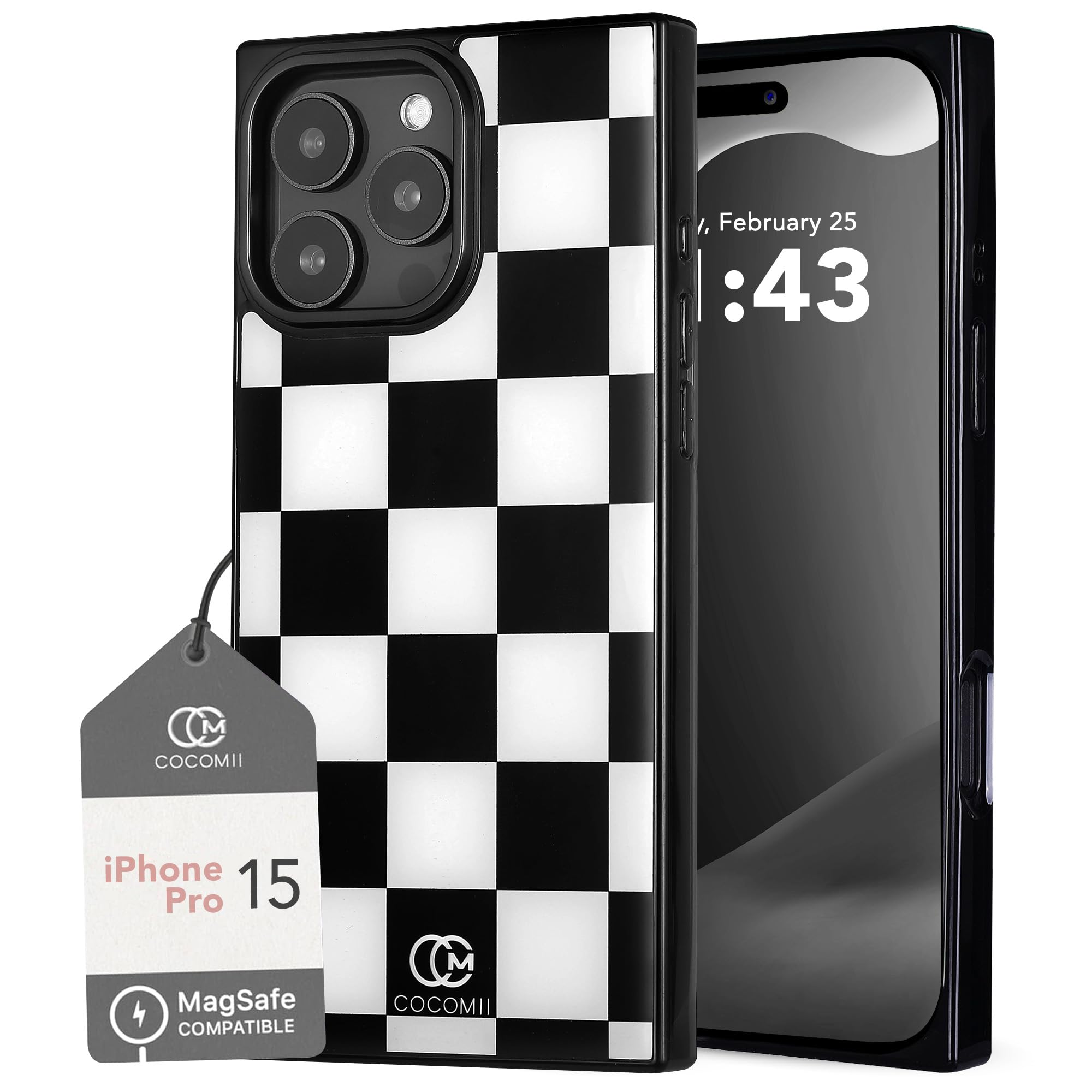 COCOMII Rectangle Case for iPhone 15 Pro, Compatible with MagSafe, Monochrome Checkered