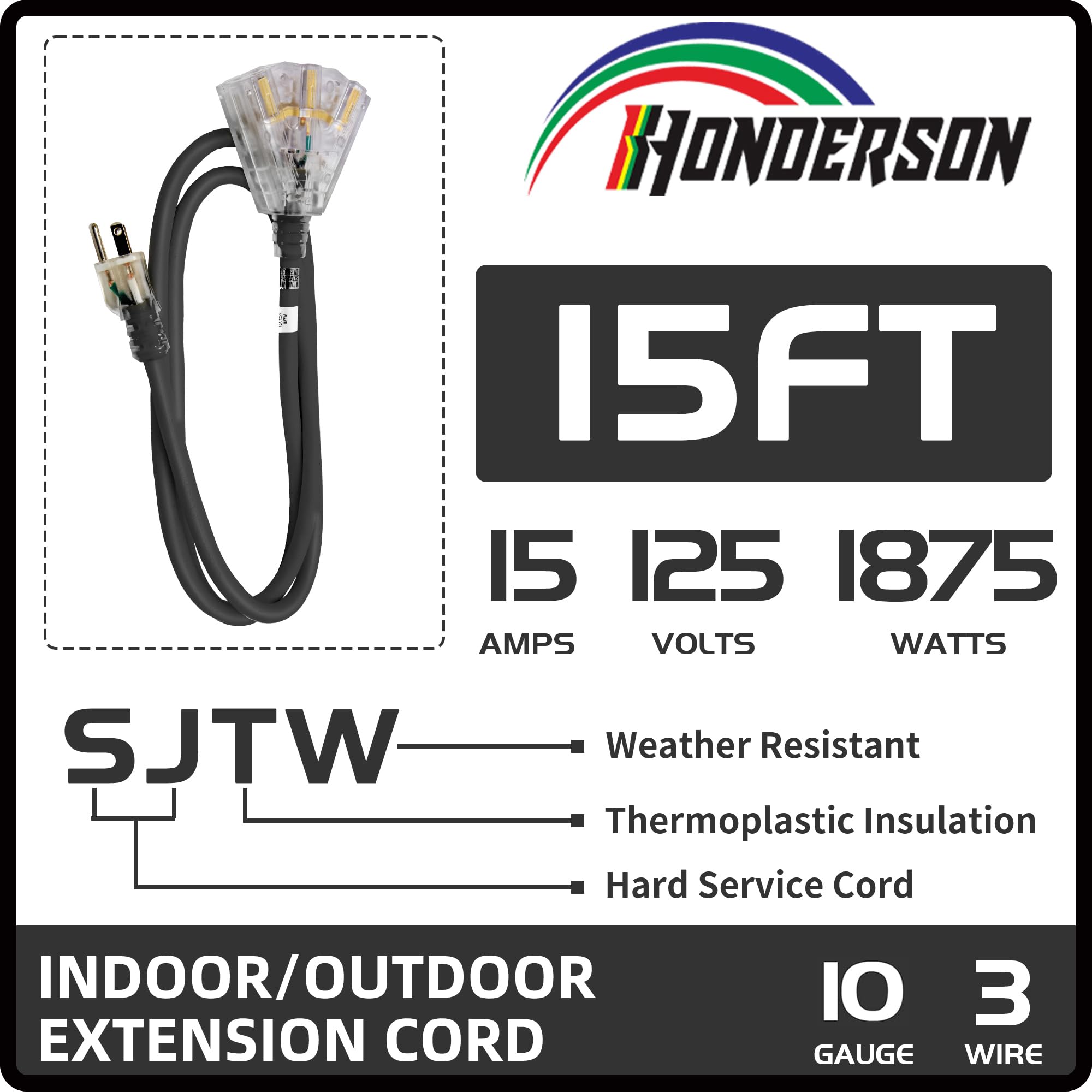 Honderson 3 Outlets Indoor Outdoor Extension Cord Weatherproof With Lighted End, Ul Listed, 10 Gauge 15Ft Black 3 Prong Heavy Du
