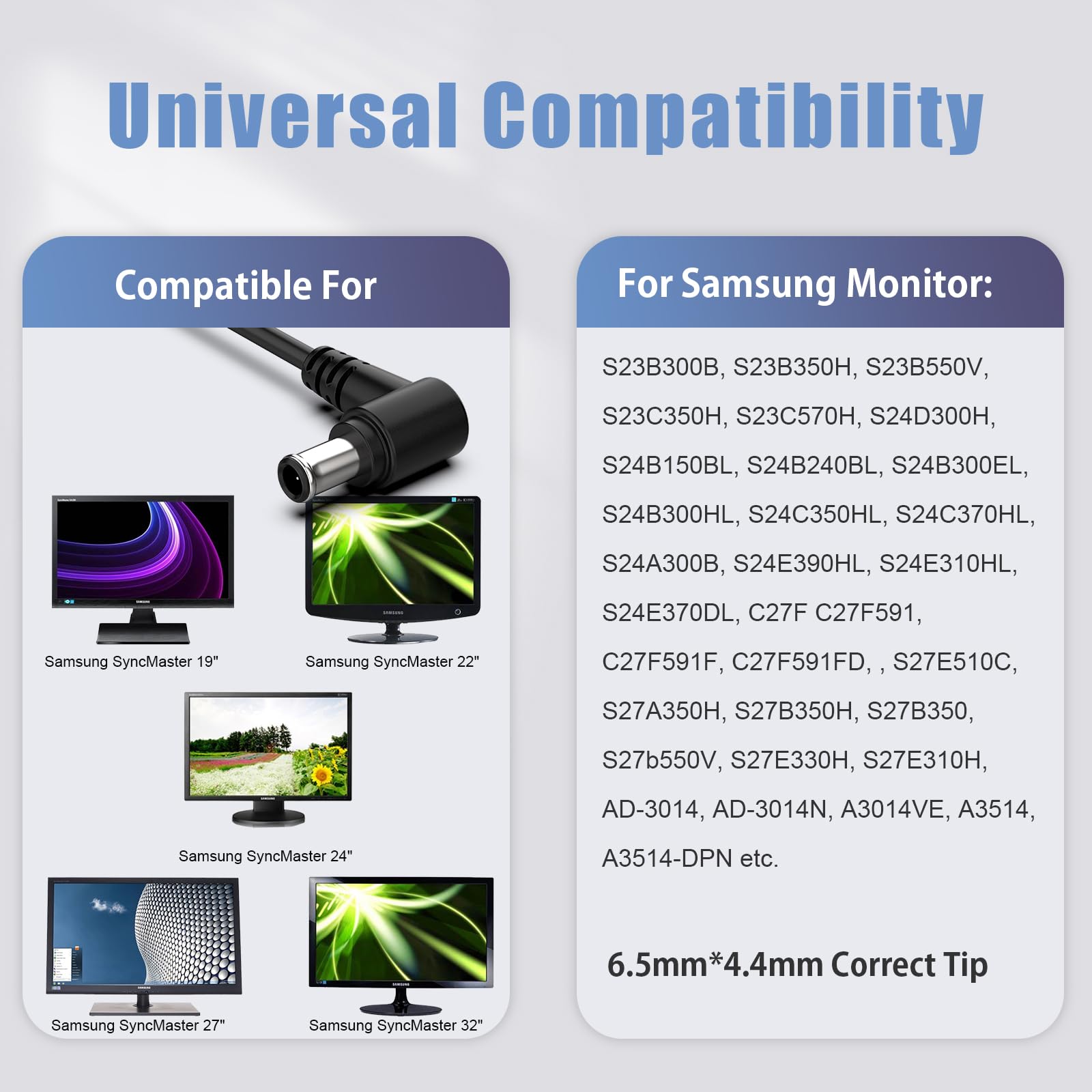 Dc 14V Power Cord For Samsung Monitor 32' 27' 24' 22' 23' 20' 19' 18' 17' 15', Samsung Monitor S22C300H, S22E310H, S22C300H, S24C230Bl, S24D390Hl, S27D590P, S27D360H, S27D390H, S27C570H Power Supply
