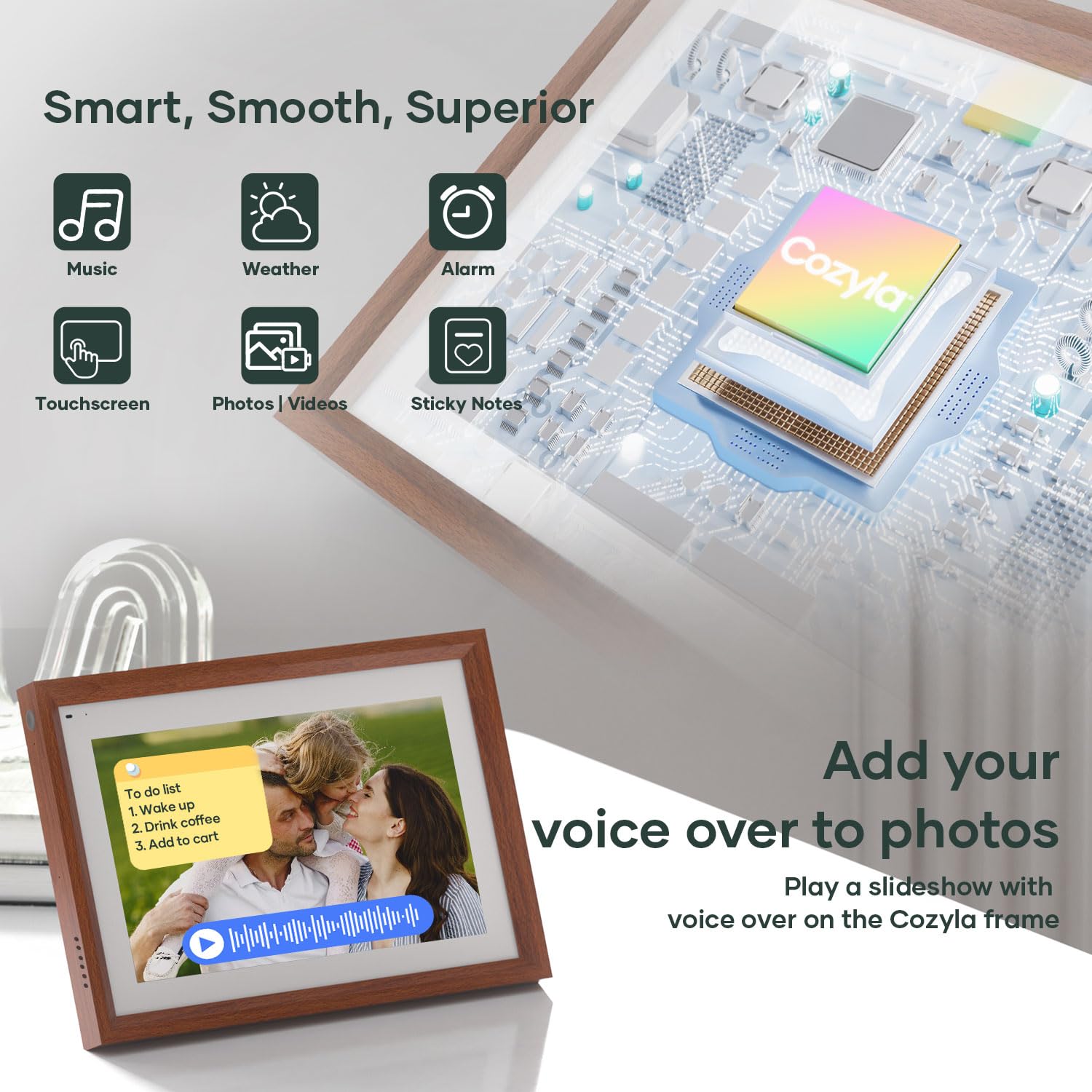 Cozyla Frame 10.1 Inch WiFi Digital Picture Frame with Alexa, Multi-Platform Sharing, Walnut Wood