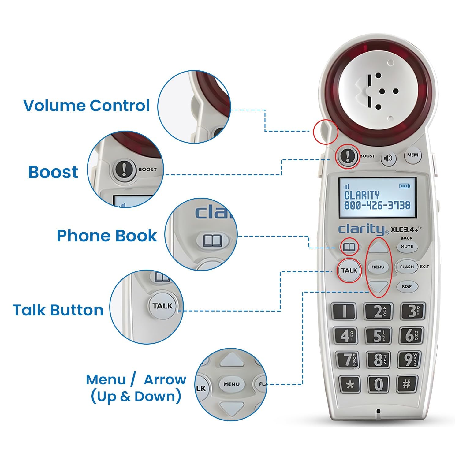 Clarity Xlc3.4+ Dect 6.0 Landline Amplified Cordless Phone, Extra Loud Ringer, Big Buttons Cordless Home Phone, Talking Caller I