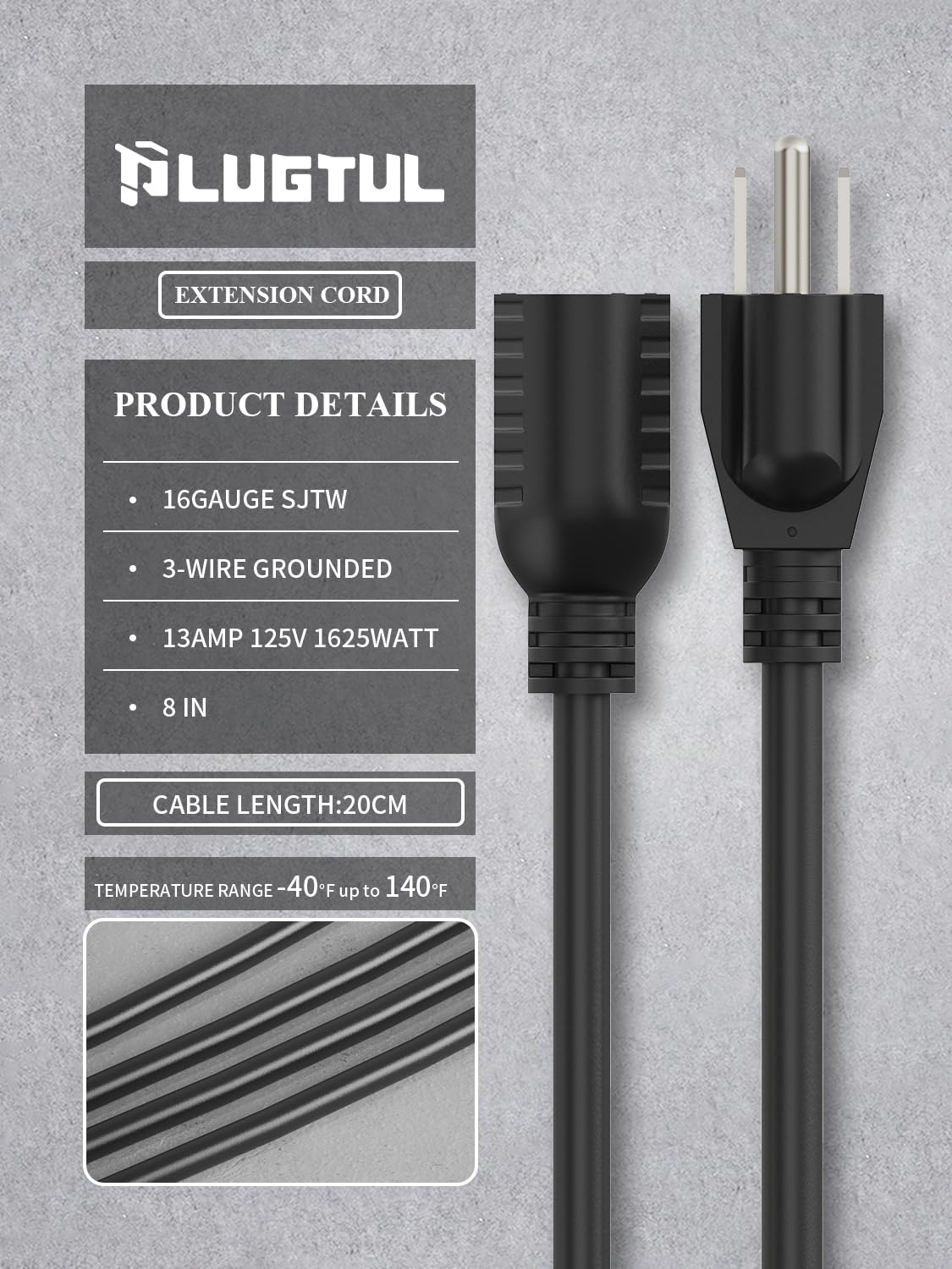 Plugtul Short Extension Cord 8 Inch, 10 Pack, Indoor/Outdoor 16 Gauge 3 Prong Grounded Wire Etl Listed, 13A 1625W 125V Sjtw