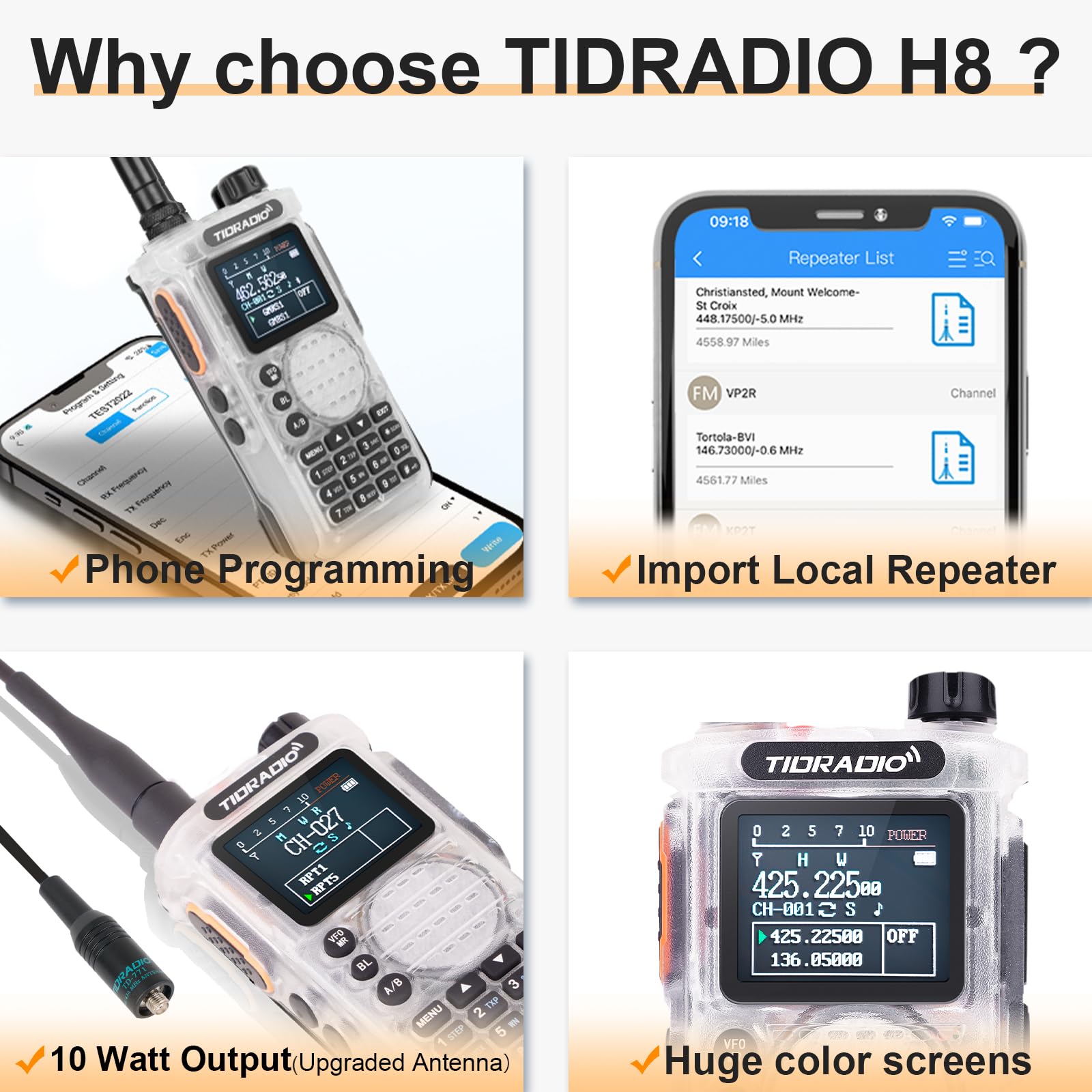 Tidradio Td H8 10Watt Ham Handheld Radio, Bluetooth Programming, Repeater Capable Dual Band Long Range Two Way Radios Walkie Tal