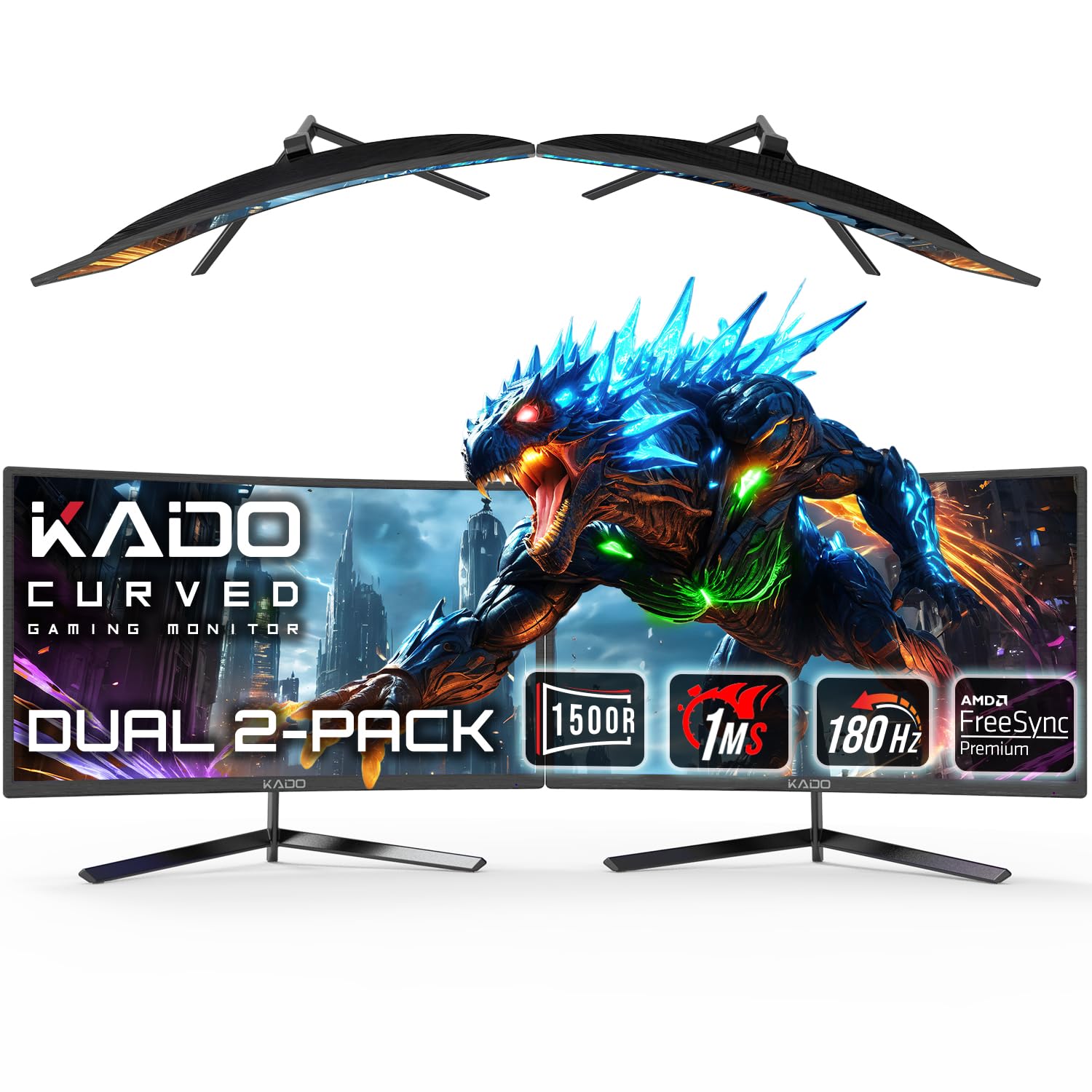 Kado Dual Gaming Monitor Setup - 2-Pack 24 180Hz 1ms Curved 1500R 1920x1080, AMD FreeSync Premium, Panoramic Gaming Multi-View S