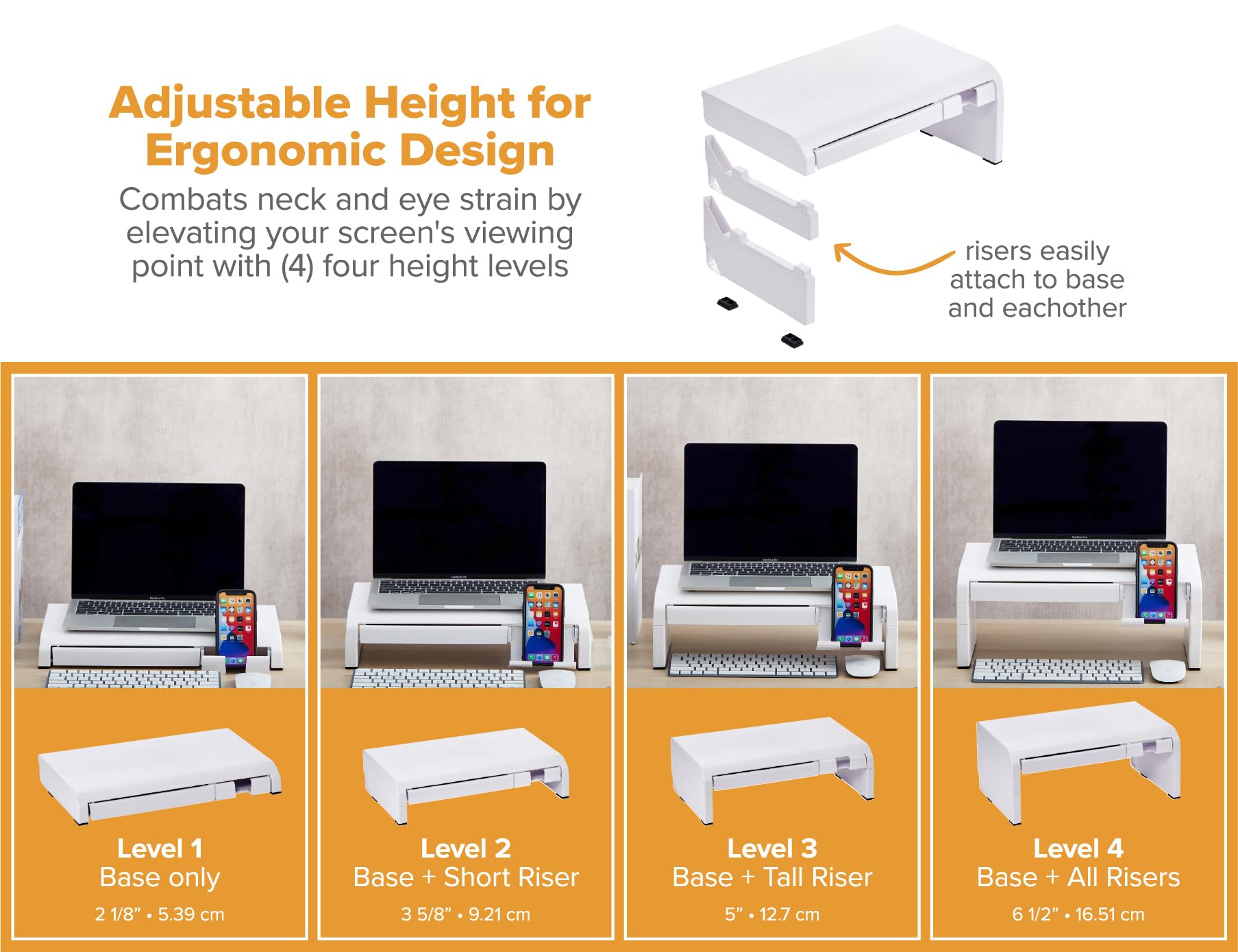 Bostitch Konnect Adjustable Monitor Riser With Drawer & Cell Phone Holder, Laptop Stand For Desk, 4 Height Levels, Cable Managem