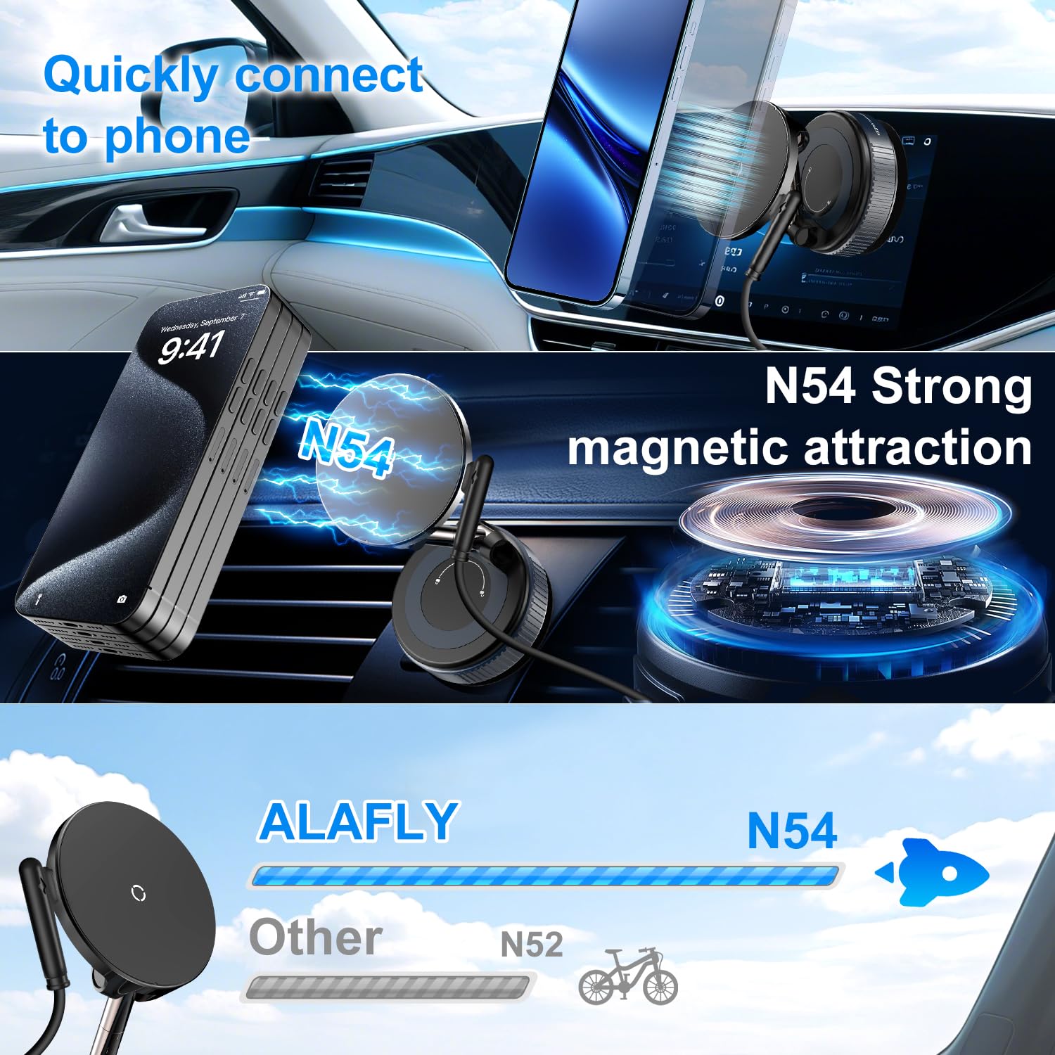 Alafly 15W Fast Charging Magnetic Car Phone Holder [New Elastic Suction Cup] 360 Adjustable Wireless Charger Car Mount For Magsa