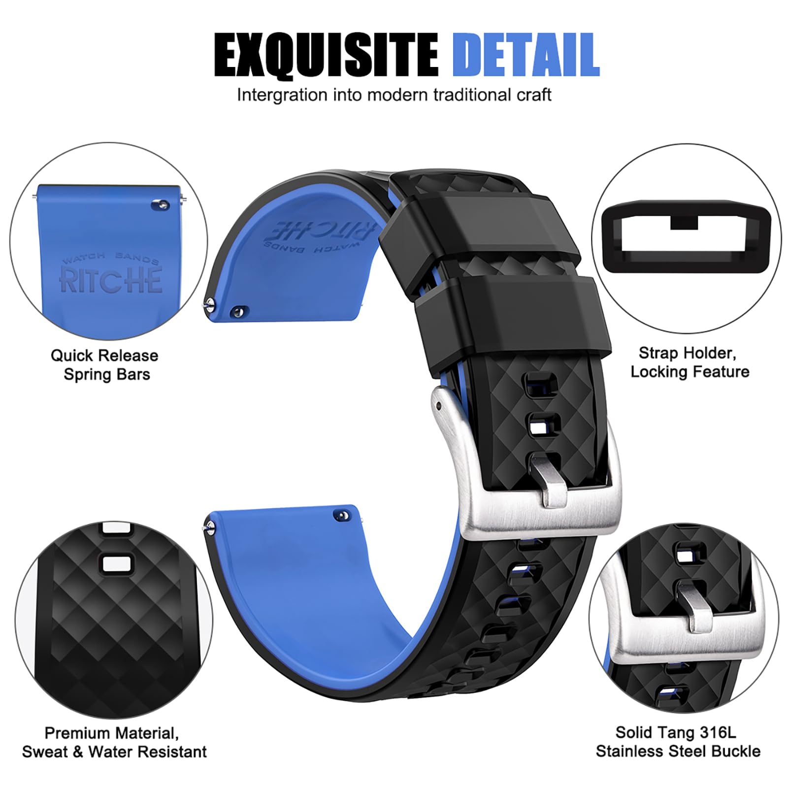 Ritche Christmas Gift 24Mm Silicone Watch Band Quick Release Rubber Watch Bands For Men Women   Black Top Blue Bottom Silver Buc
