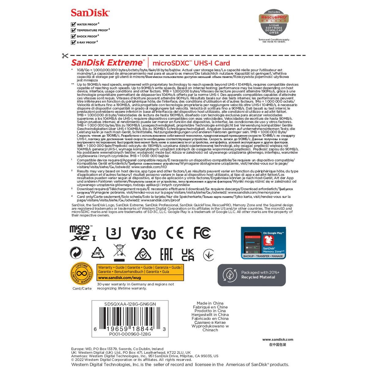 Sandisk 128Gb Extreme Microsdxc Card For Mobile Gaming, Up To 190Mb/S, With A2 App Performance, Uhs I, Class 10, U3, V30