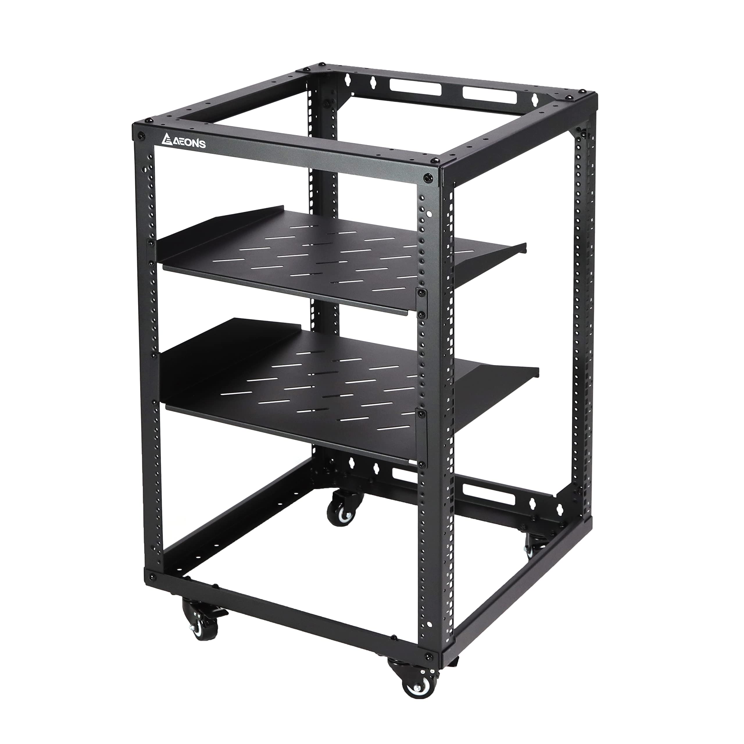 Aeons 15U Open Frame Network Server Rack 19 Inch 4 Post Av Rack With Casters For Floor Standing And Wall Mount, Side Load For Extra Depth� Complete Kit With 1U And 2U Vented Shelves, Black