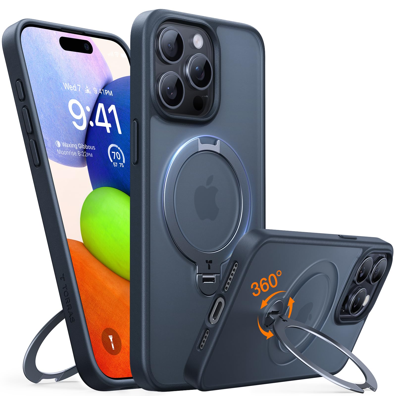 Torras Upgraded 360 Spin Magnetic Stand For Iphone 15 Pro Max Case, [Compatible With Magsafe][Military Grade Shockproof][Built I