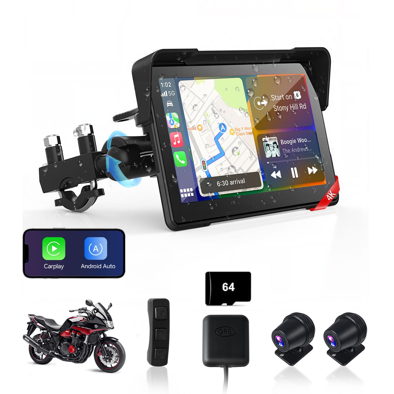 Jelkuz 7 inch 4K Motorcycle CarPlay w 4K Dash Cam Android Auto Screen for Moto Wireless Carplay DVR with Dual Cameras for Motorb