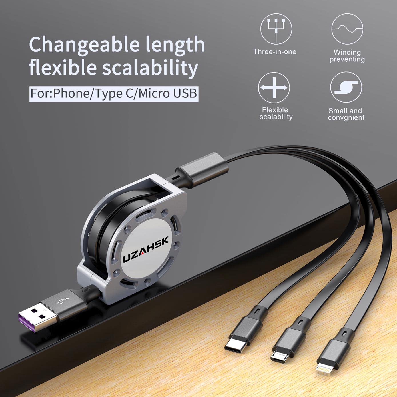 Uzahsk Multi Charging Cable 4Ft 3 In 1 Usb Retractable Phone Charger Cable With Type C/Ios/Micro Usb Port Connector, Compatible