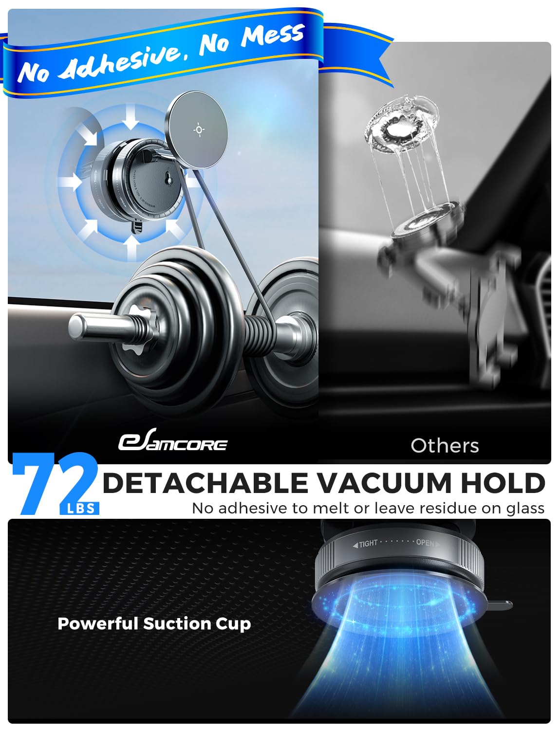 Esamcore Vacuum Magnetic Phone Holder For Car, For Magsafe Car Mount For Windshield, Foldable Stand Suction Cup For Mirror, Glas