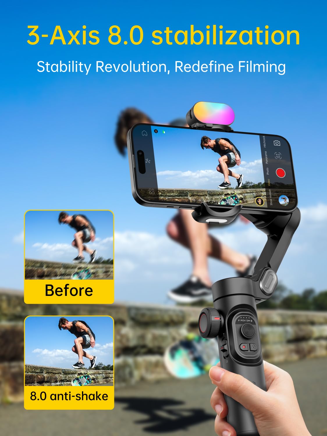 Aochuan 3-Axis Gimbal Stabilizer For Smartphone, Gimbal W/Rgb Magnetic Fill Light Upgraded Face Tracking Focus Wheel Foldable Ip