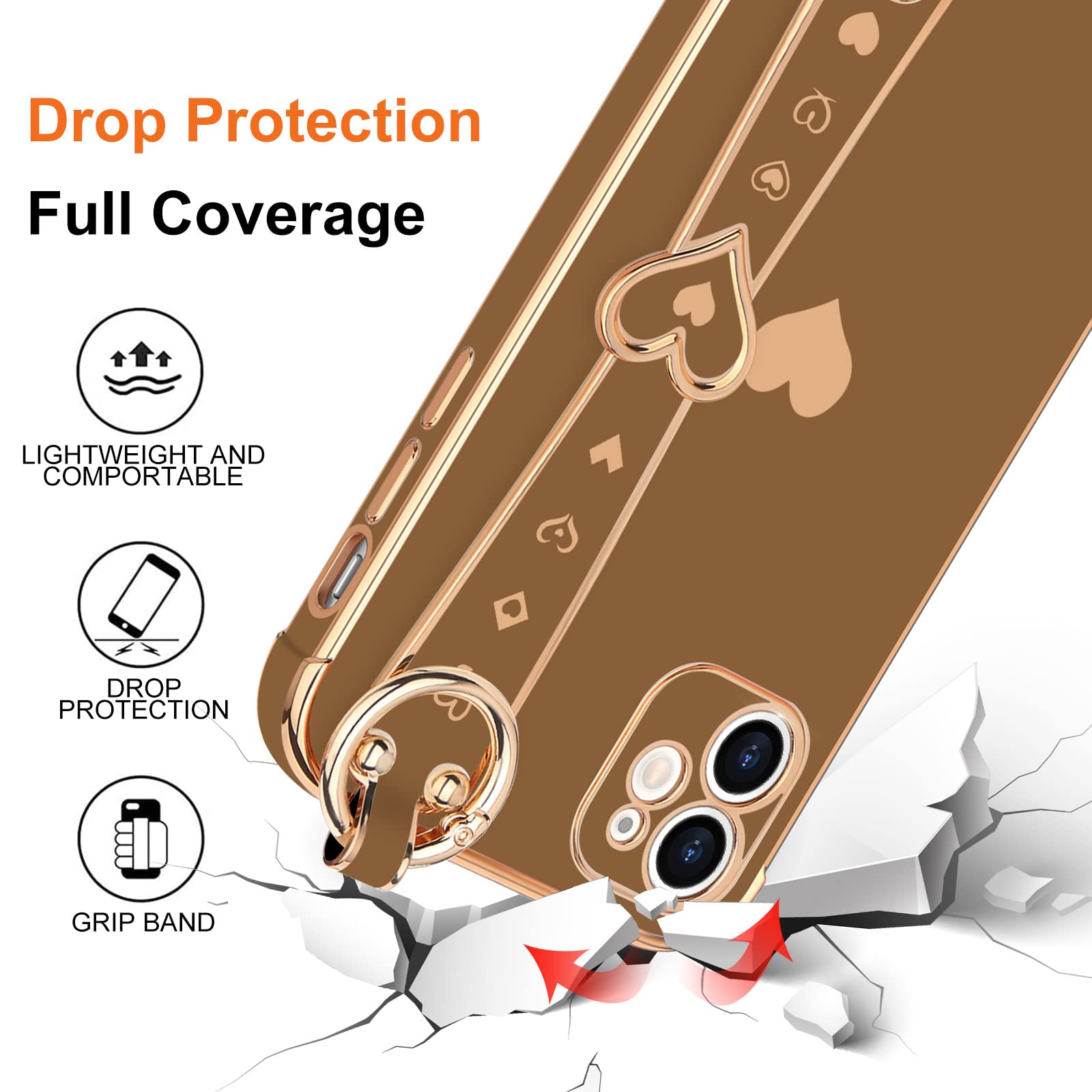 Llz.Coque For Iphone 11 Case Cute Love Heart Plating Wristband Phone Cover For Women Girls Bling Soft Silicone Camera Lens Prote