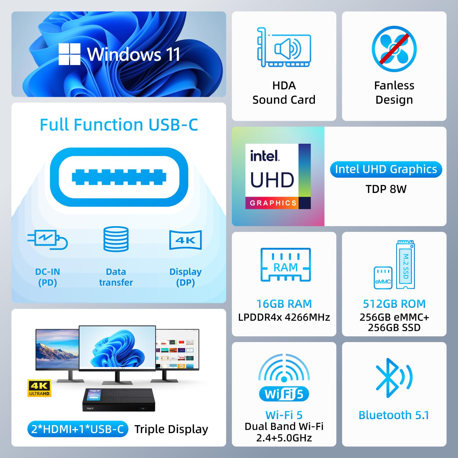 Mele Mini Pc Quieter 4C   12Th Gen N100, Fanless Pc, 16Gb Ram, 512Gb Rom, Win 11 Pro, 2.4/5G Wi Fi, Full Functional Usb C, 4K Tr