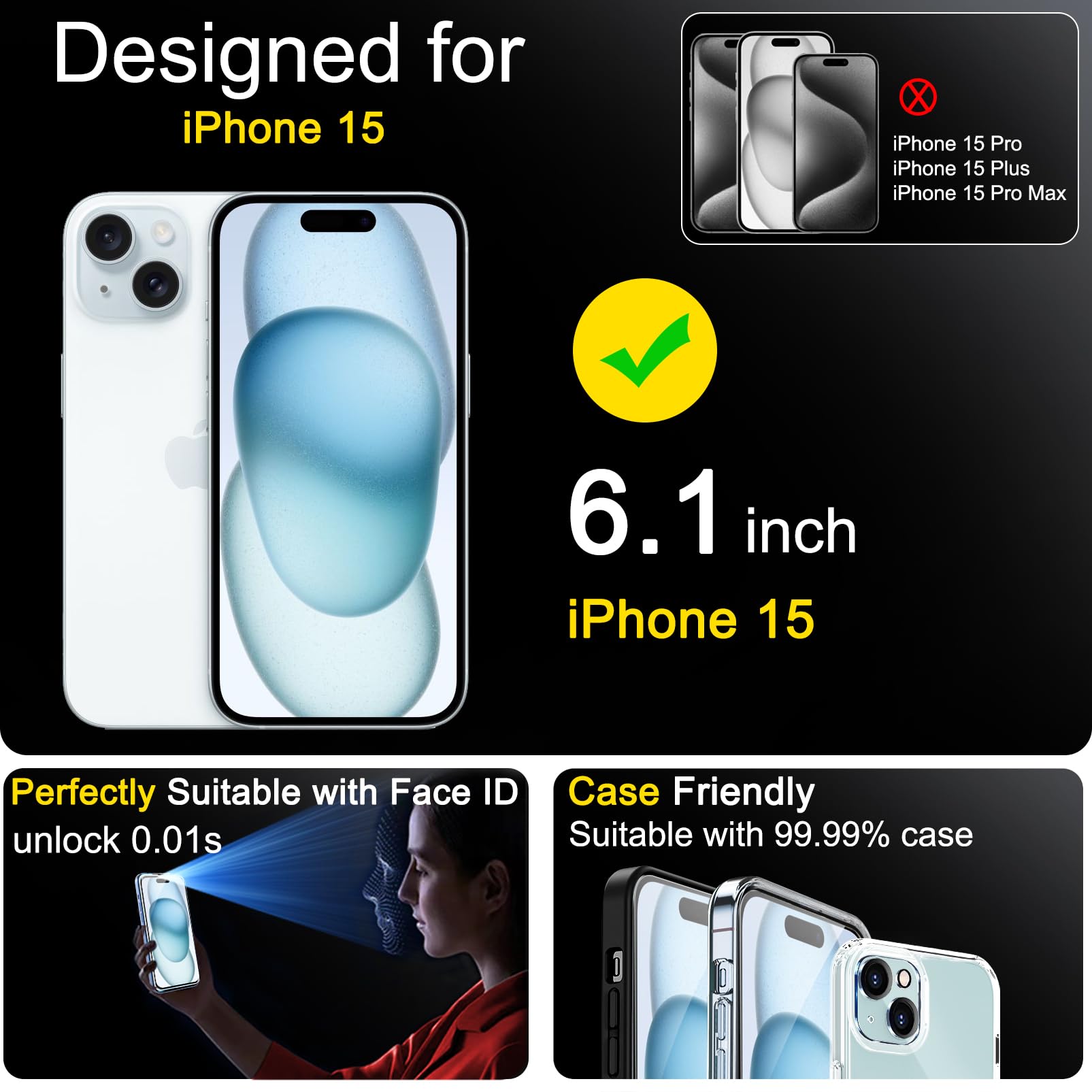 Ferilinso 4 Pack Screen Protector For Iphone 15 With 4 Pack Tempered Glass Camera Lens Protector Phone Case Friendly Hd Accessor