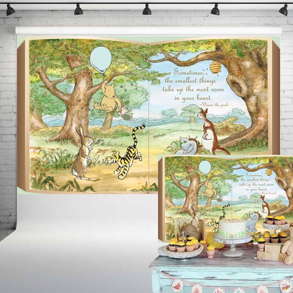Classic Pooh Giant Book Backdrop Vintage Hundred Acre Wood Background Winnie Bear With Blue Balloon Banner Boys Baby Shower Birt