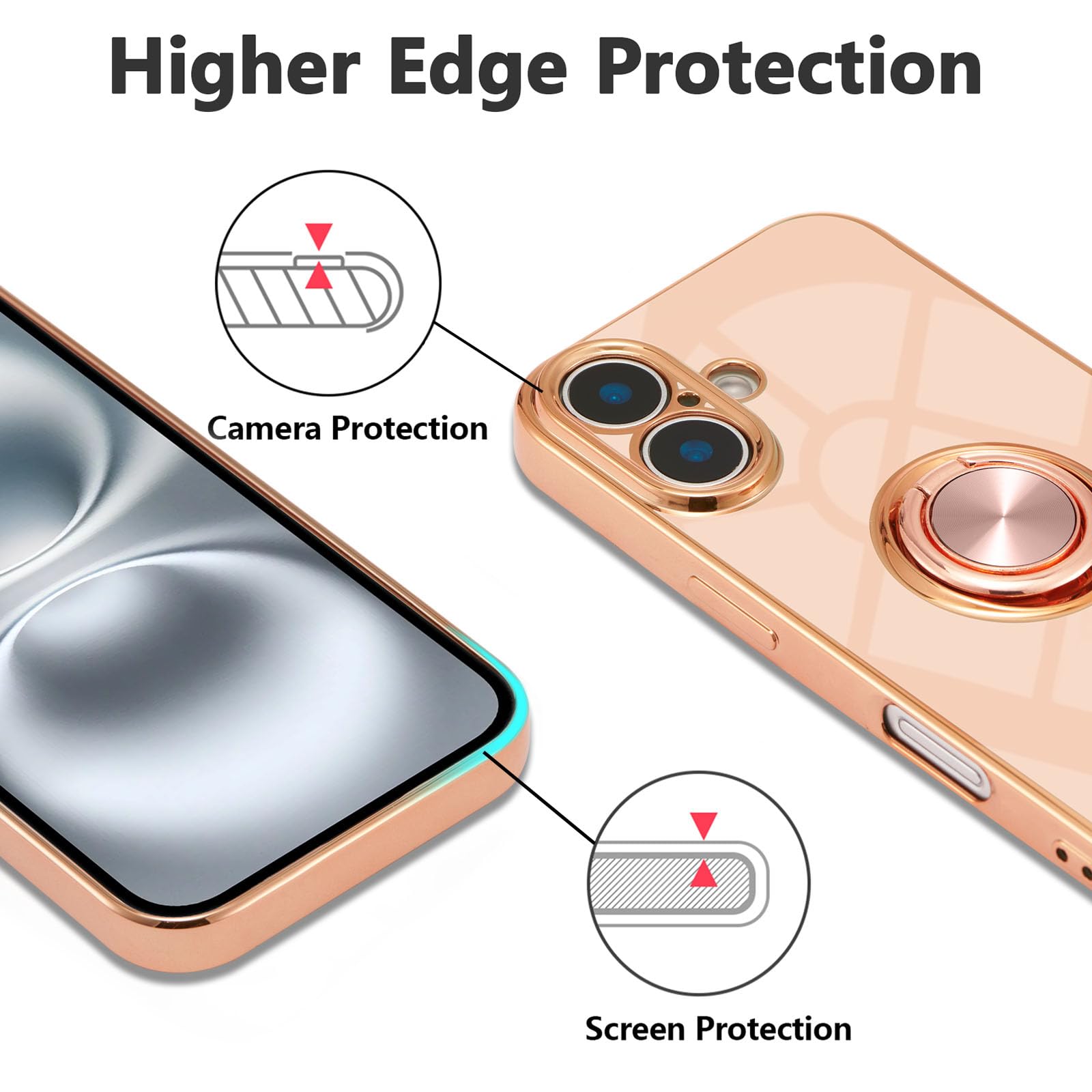 Eyzutak Case For Iphone 16, Phone Case With 360 Rotatable Finger Ring Holder Kickstand Magnetic Car Mount Supported Shiny Platin