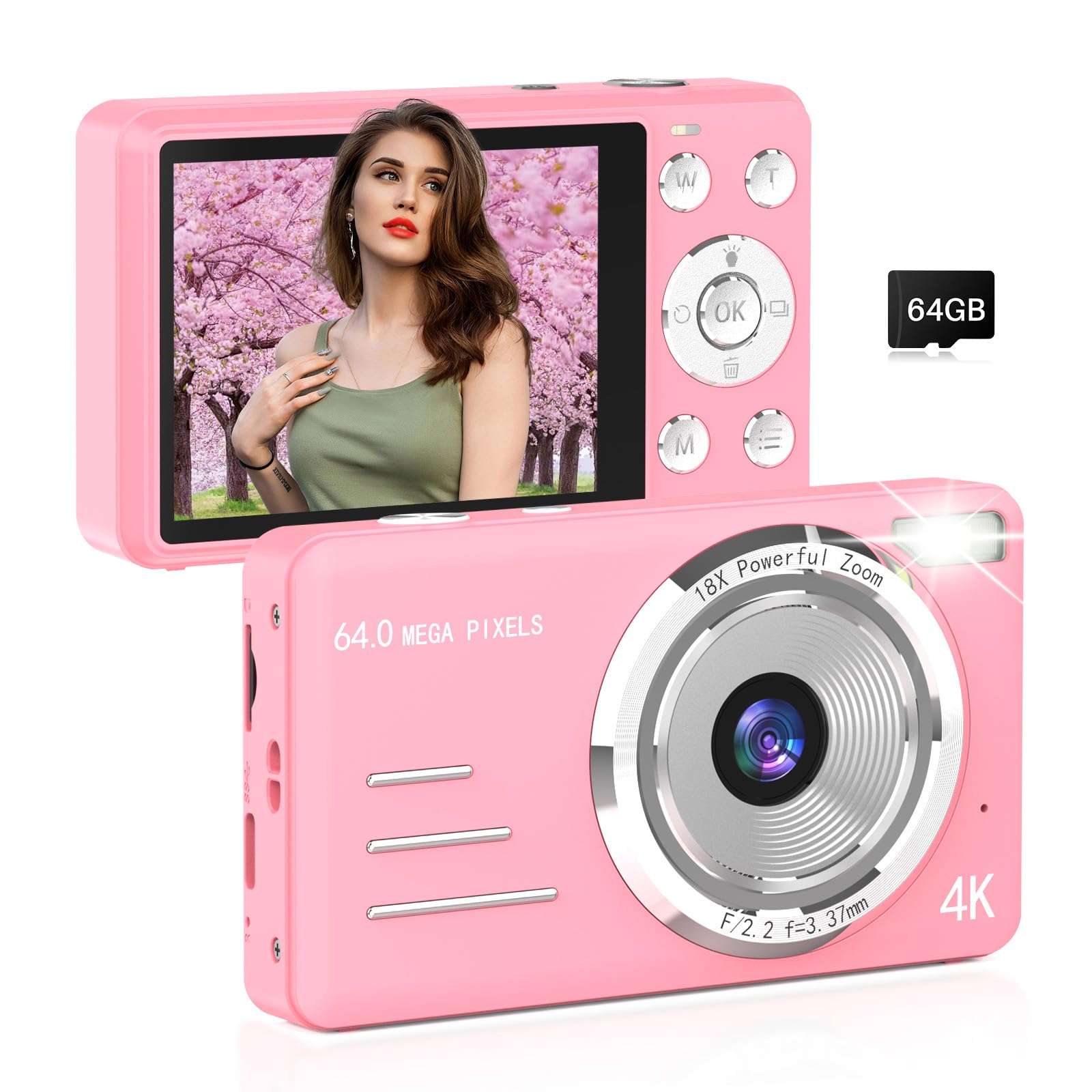 Digital Camera, FHD 4K 64MP Point and Shoot Kids Digital Camera with 64GB Card,18X Zoom, Anti Shake, Compact Small Cameras for K