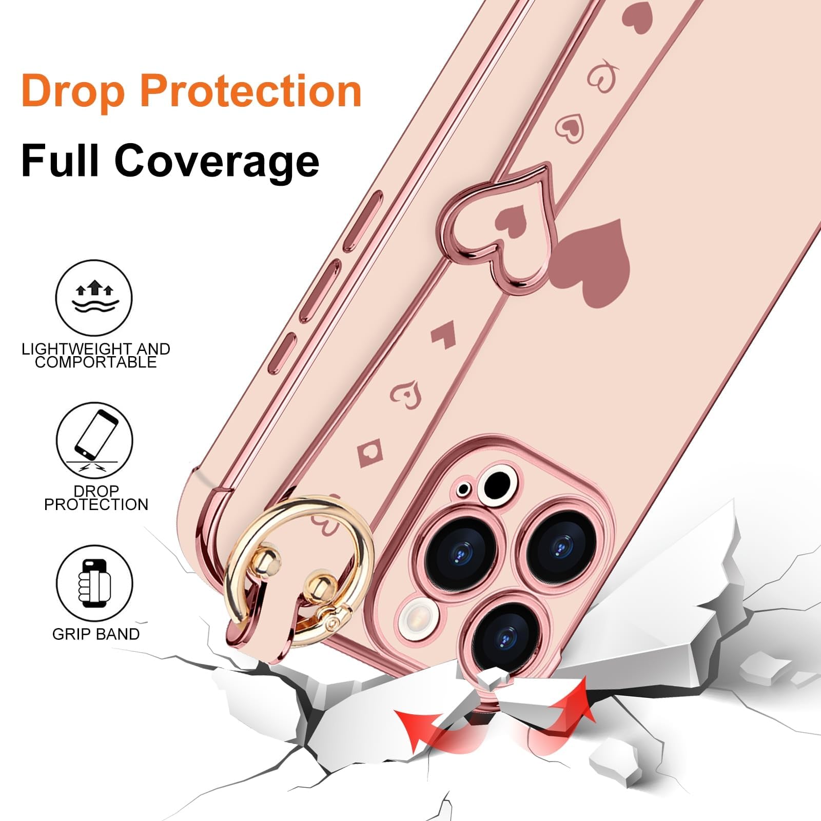 Llz.Coque For Iphone 16 Pro Max Case With Strap For Women Girls [2   Screen Protectors], Cute Love Hearts Design, Wristband Kick
