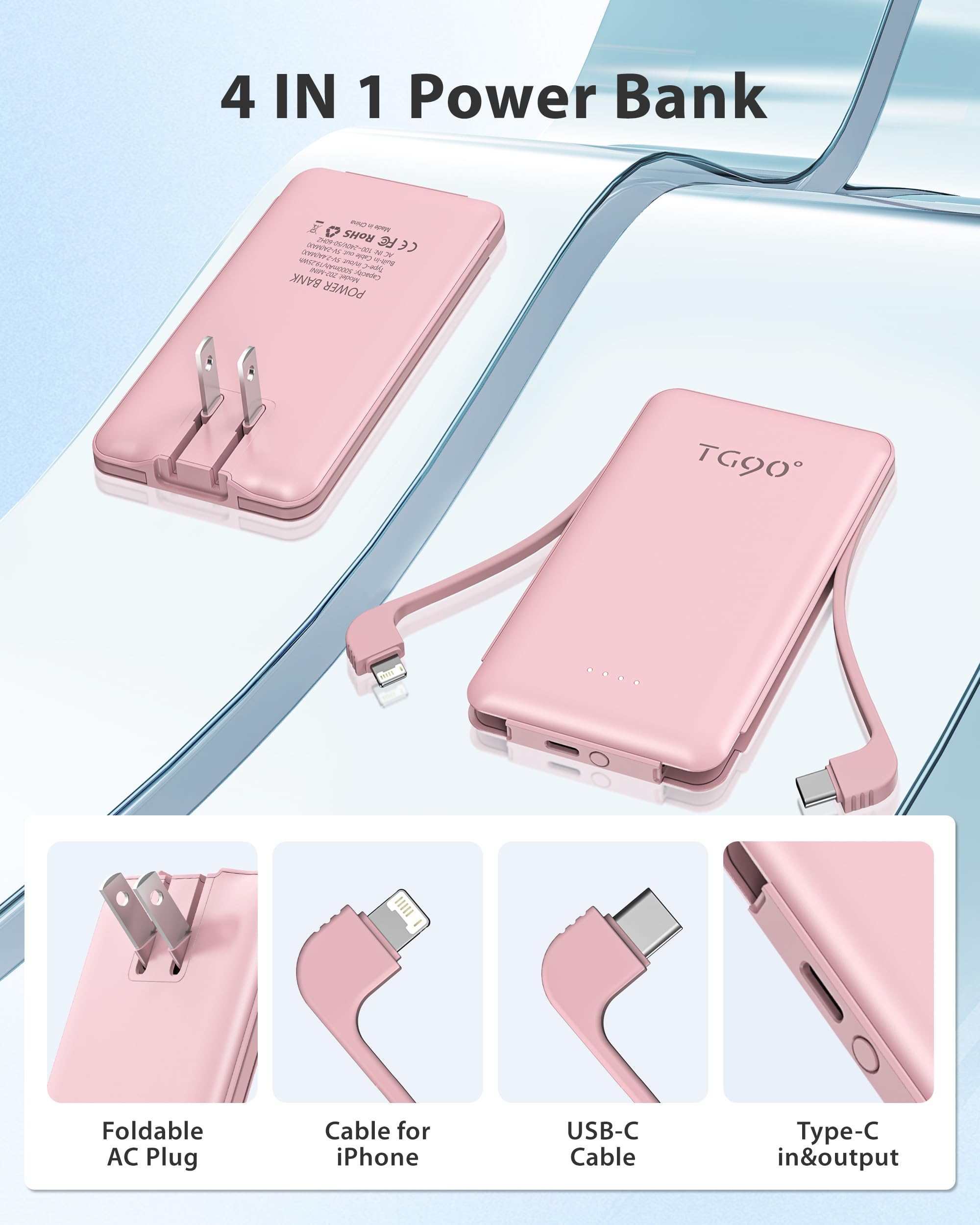 Tg90 2 Pack Portable Charger Power Bank, 5000Mah External Battery Pack With Built In Foldable Ac Wall Plug And Cables, Small Usb