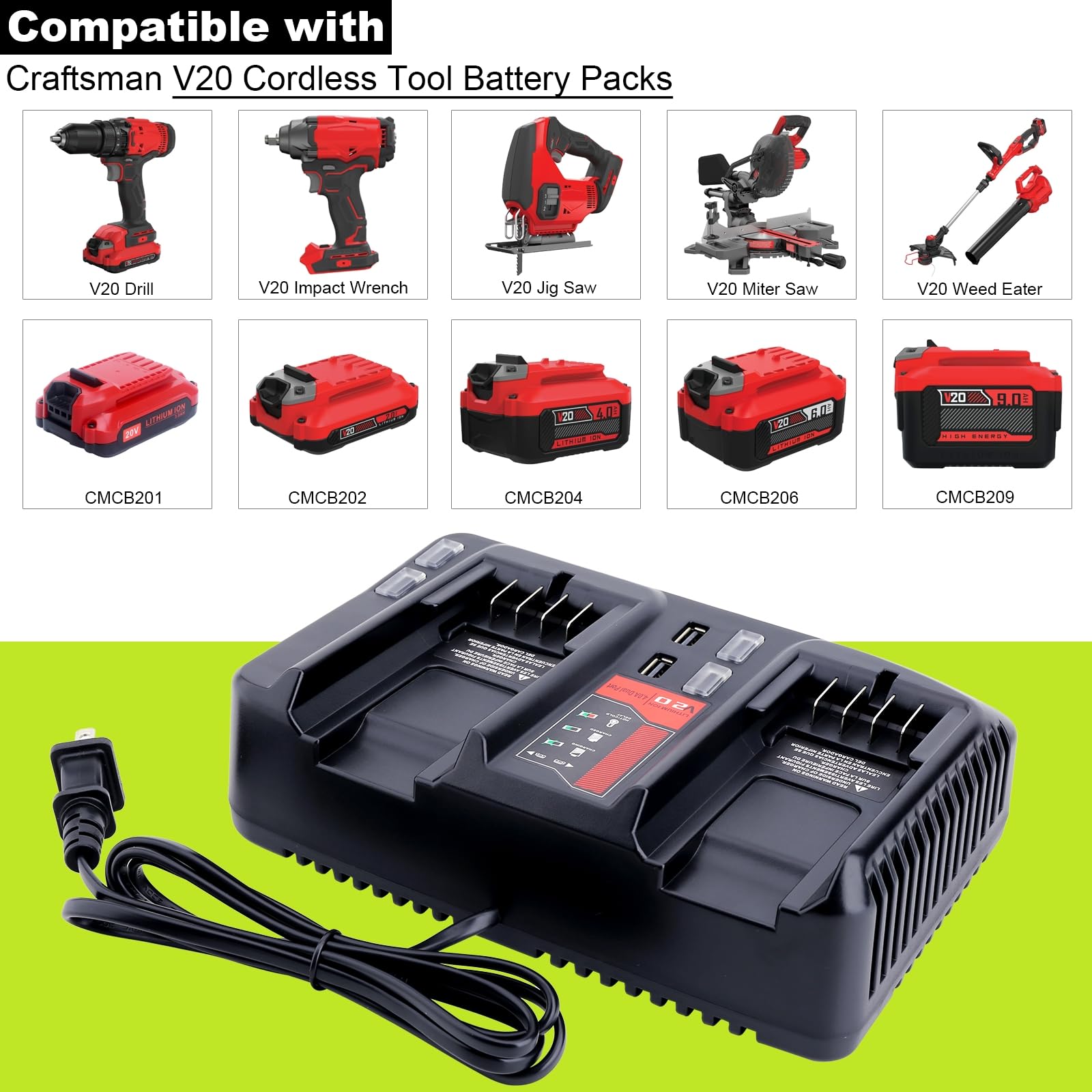 Lasica Cmcb124 20V Charger Compatible With Craftsman V20 Series 20 Volt Lithium Batteries, V20 Dual Port, Replacement For Crafts