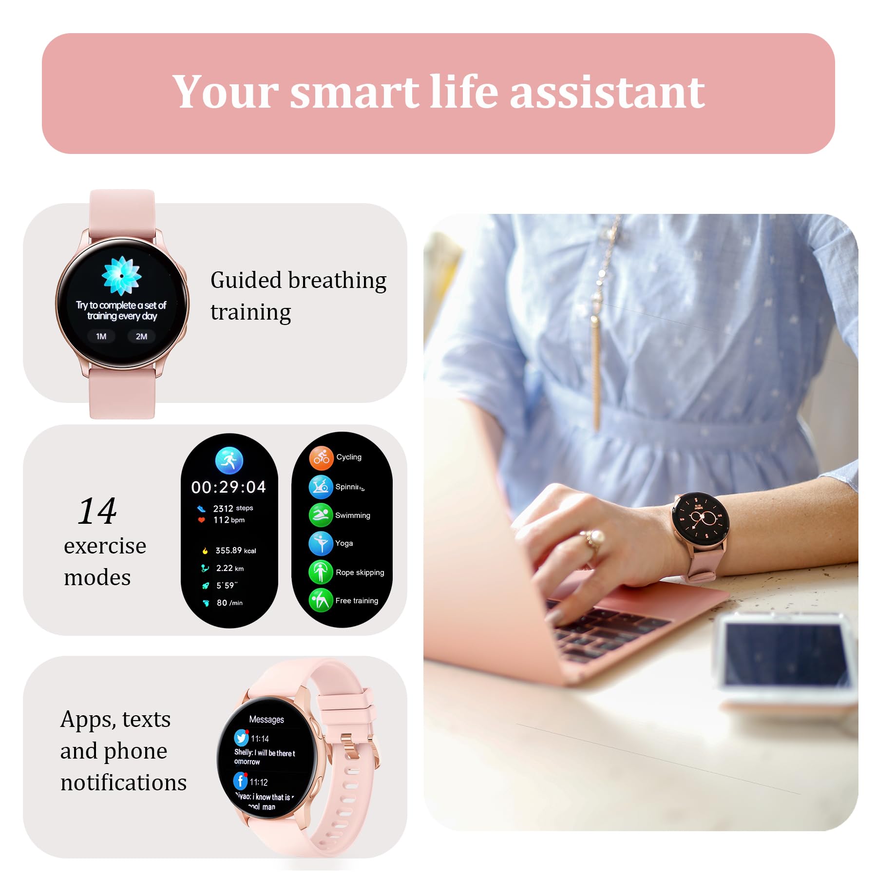 Hamind Smart Watch For Women, Fitness Tracker With Heart Rate & Spo2 Monitor, Ip68 Waterproof Activity Tracker For Men Women, An