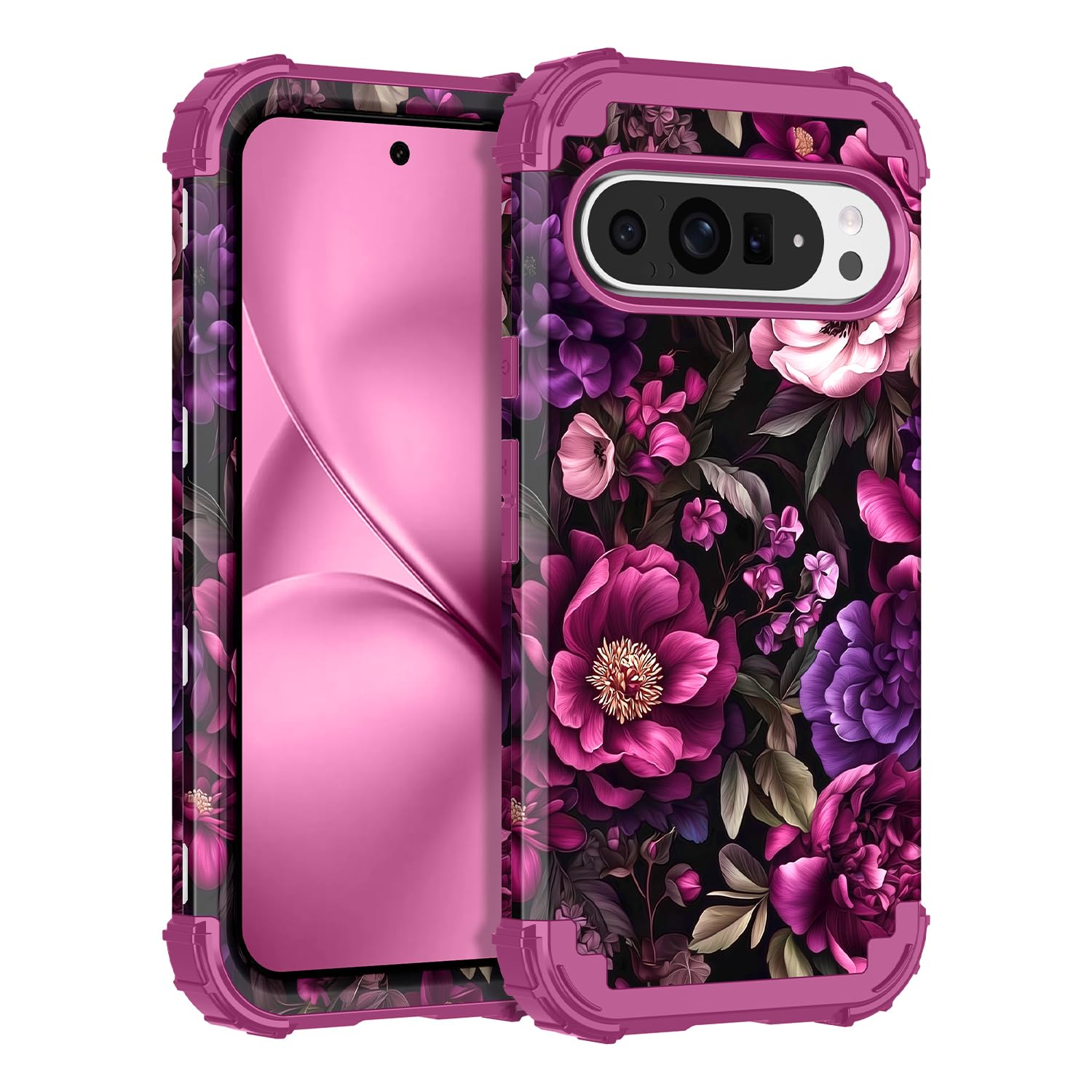 LONTECT for Google Pixel 10/10 Pro Case, Floral Shockproof Rugged Heavy Duty 3 in 1 Hybrid Sturdy High Impact Protective Cover, 
