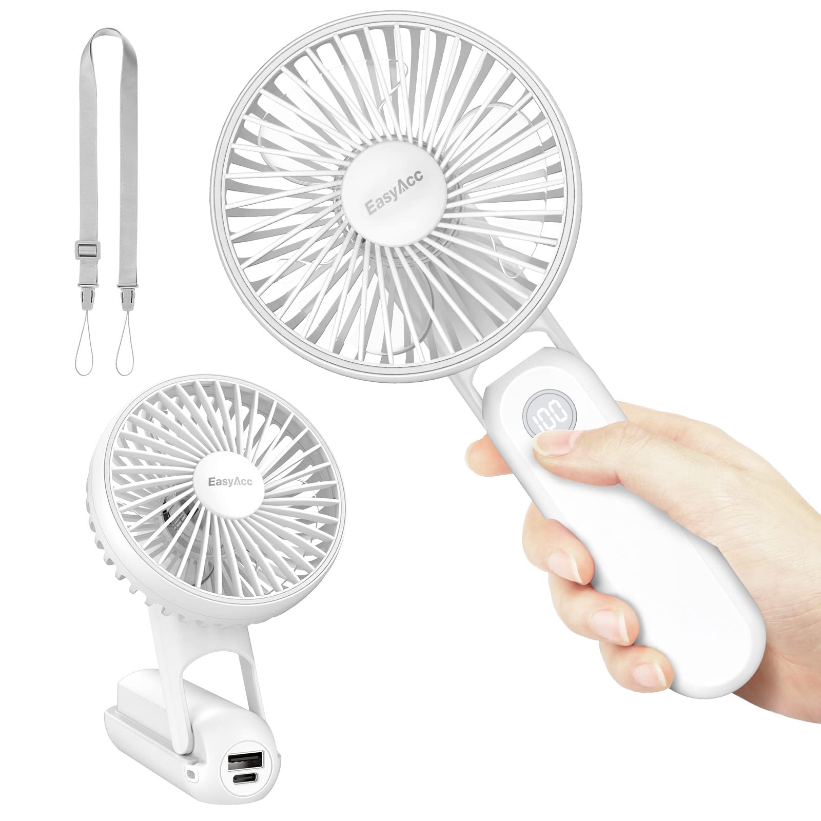 Easyacc Portable Hand Held Fan, Ultra Quiet 5 Speed Personal Fan, Led Dispay Usb C Rechargeable Handheld Fan, 180 Foldable Small