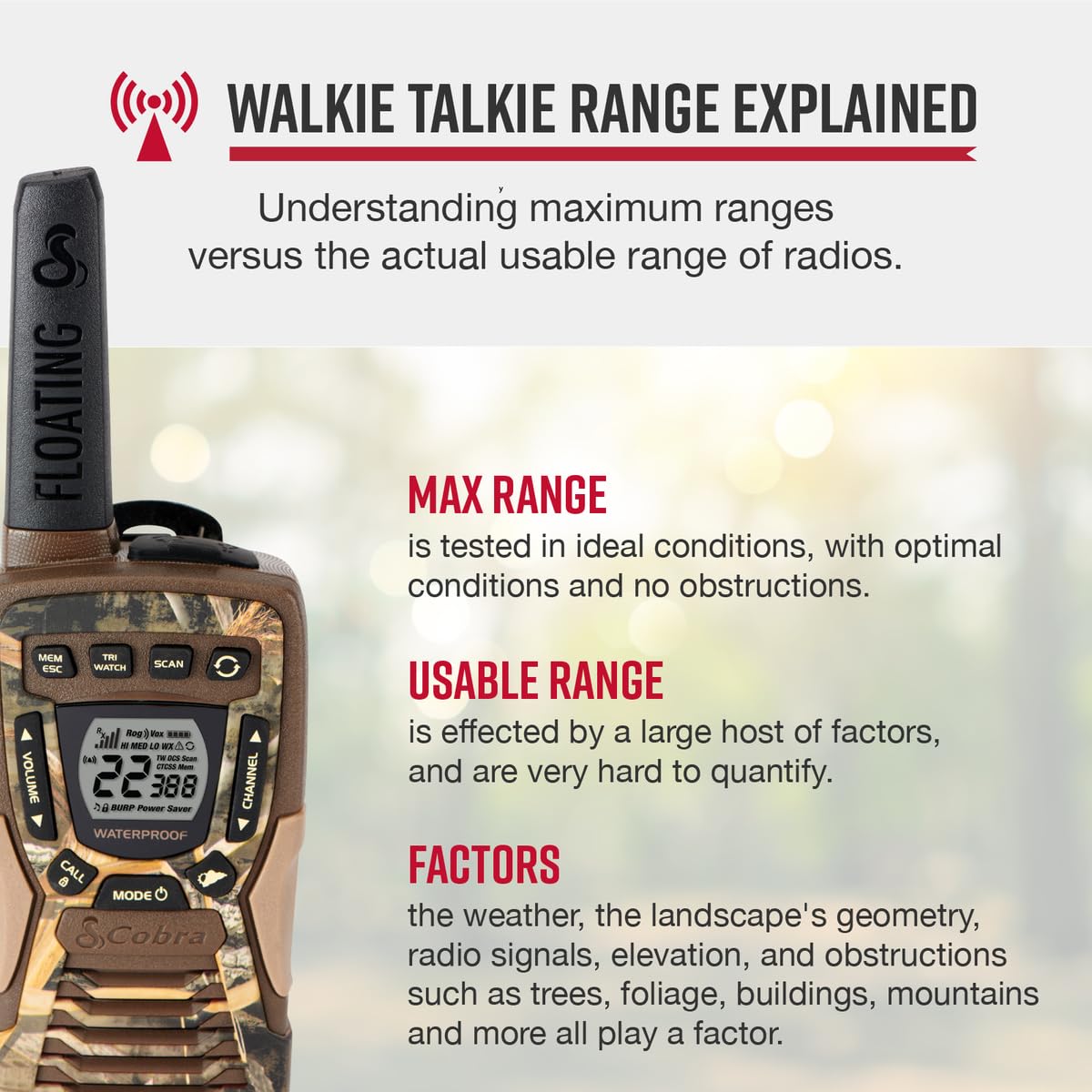 Cobra Acxt1035R Flt Camo Waterproof Walkie Talkies   Rechargeable, Floats, 22 Channels, Long Range 37 Mile Two Way Radio Set (2 Pack)