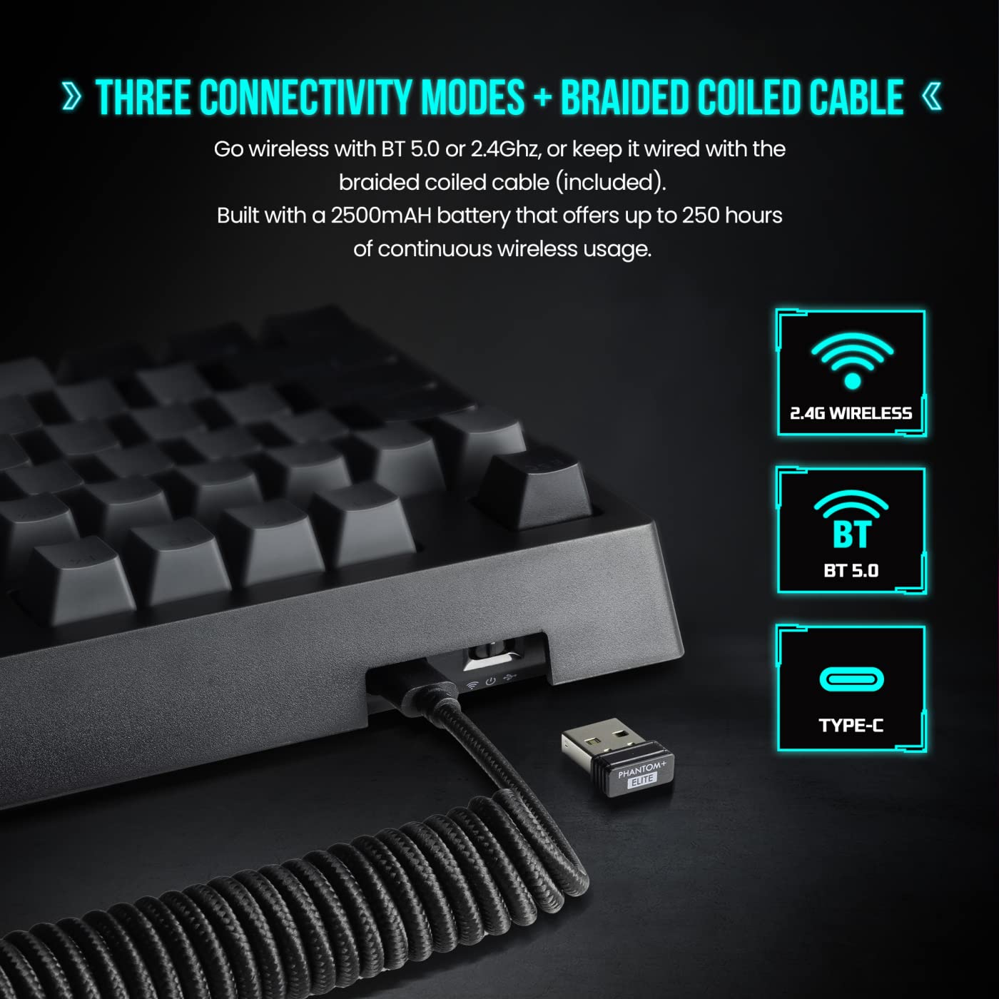 Tecware Phantom+ Elite 87 Key Rgb Mechanical Gaming Keyboard, Led Backlit, Universal Hot Swap, Wired And Wireless, 3 Mode Connectivity, Thocky Sounding, Black Elite Wraith Orange