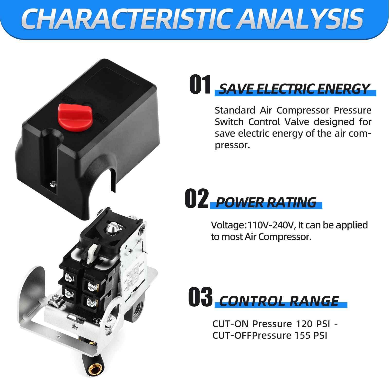 Meanlin Measure Air Compressor Pressure Switch Control Valve 120-155 Psi 110V-240V 4-Way Lateral Port Replacement Parts With Afr