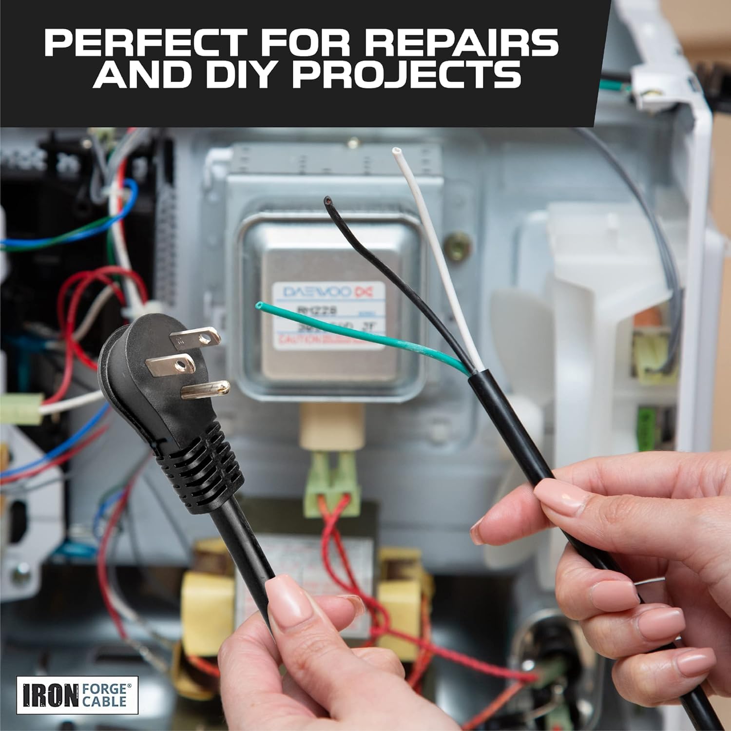Iron Forge Cable 15 Amp Flat Plug Power Cord Replacement 15 Ft With Open End, 14 Gauge Slim Plug Replacement Cord 3 Prong, 14/3