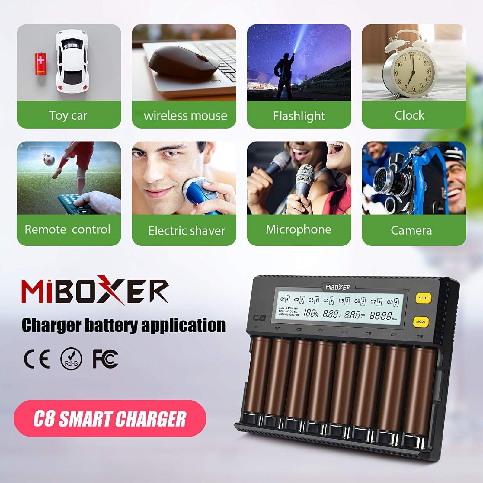 Miboxer 18650 Battery Charger, 8 Bay Smart Charger With Automatic Lcd Display, Fast Charge Rechargeable Li Ion Lifepo4 Ni Mh Ni