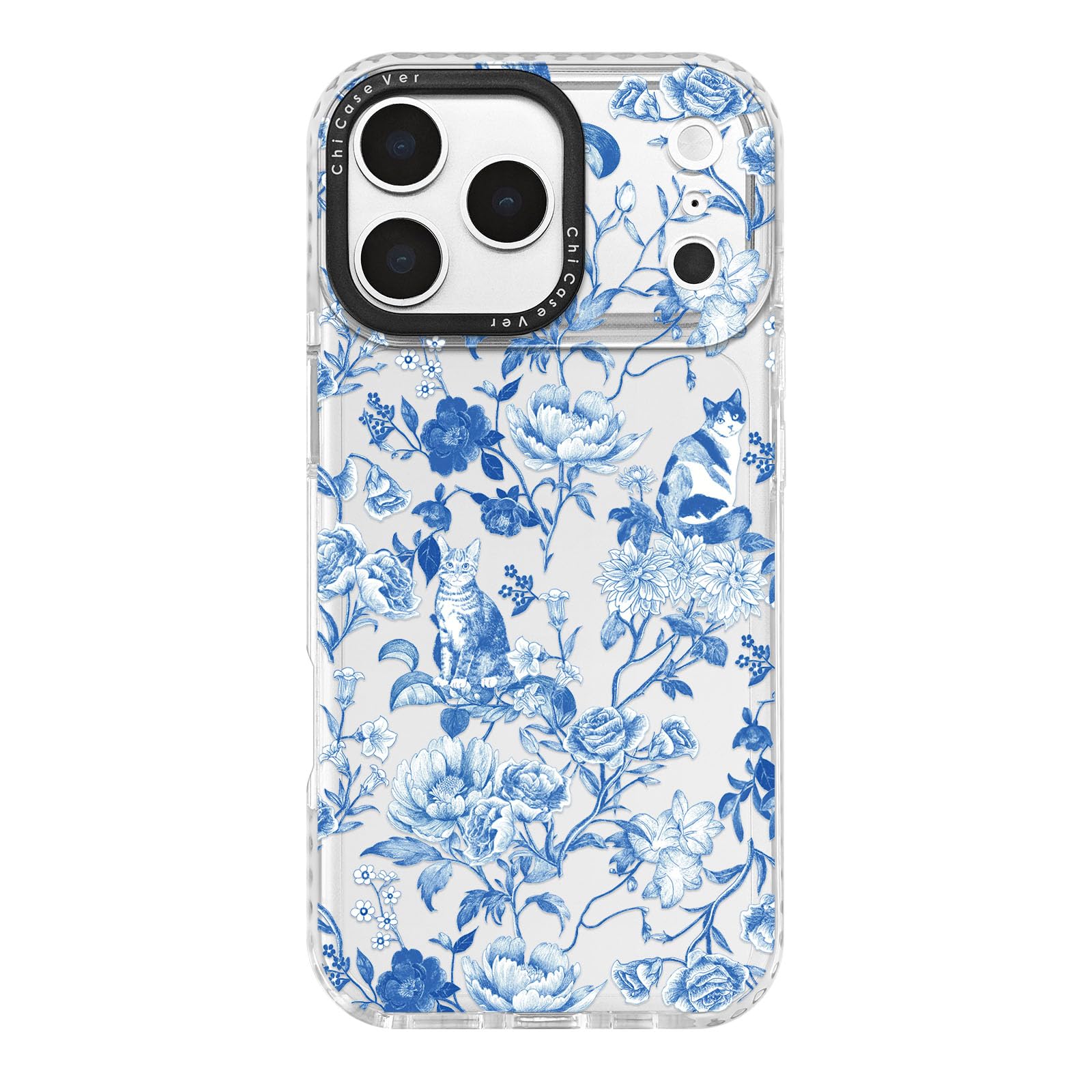 ChiCaseVer for iPhone 17 Pro Case, Blue White Porcelain Floral Cat Pattern Artistic, Elegant Feminine TPU Compatible with MagSaf