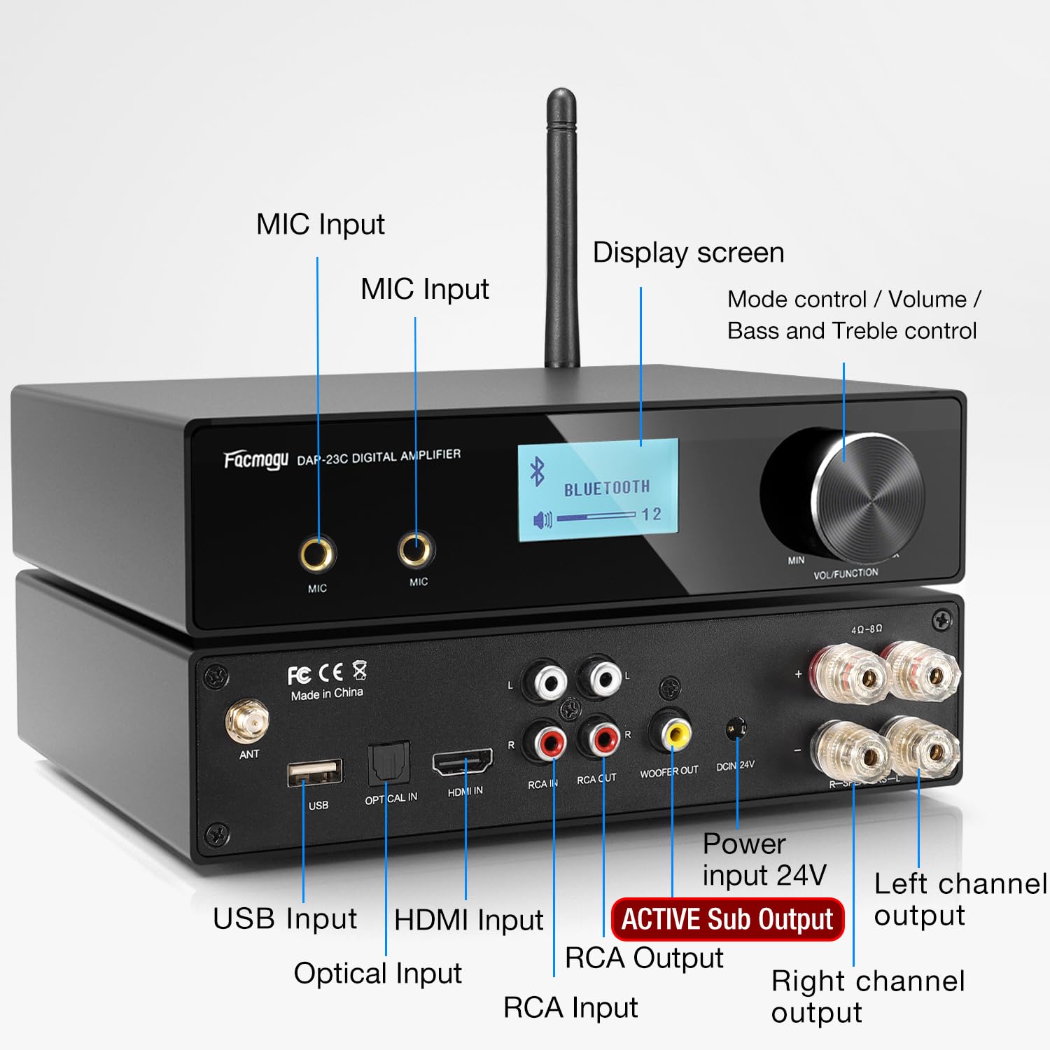Facmogu Dap 23C 2.1Ch 200W Karaoke Wireless Bluetooth Amplifier Receiver W/Subwoofer Output, Hdmi Arc/Optical/Mic In, Rms 60Wx2 Home Theater Audio Stereo Amp Digital Amplifier Treble/Bass/Echo/Usb/Rca