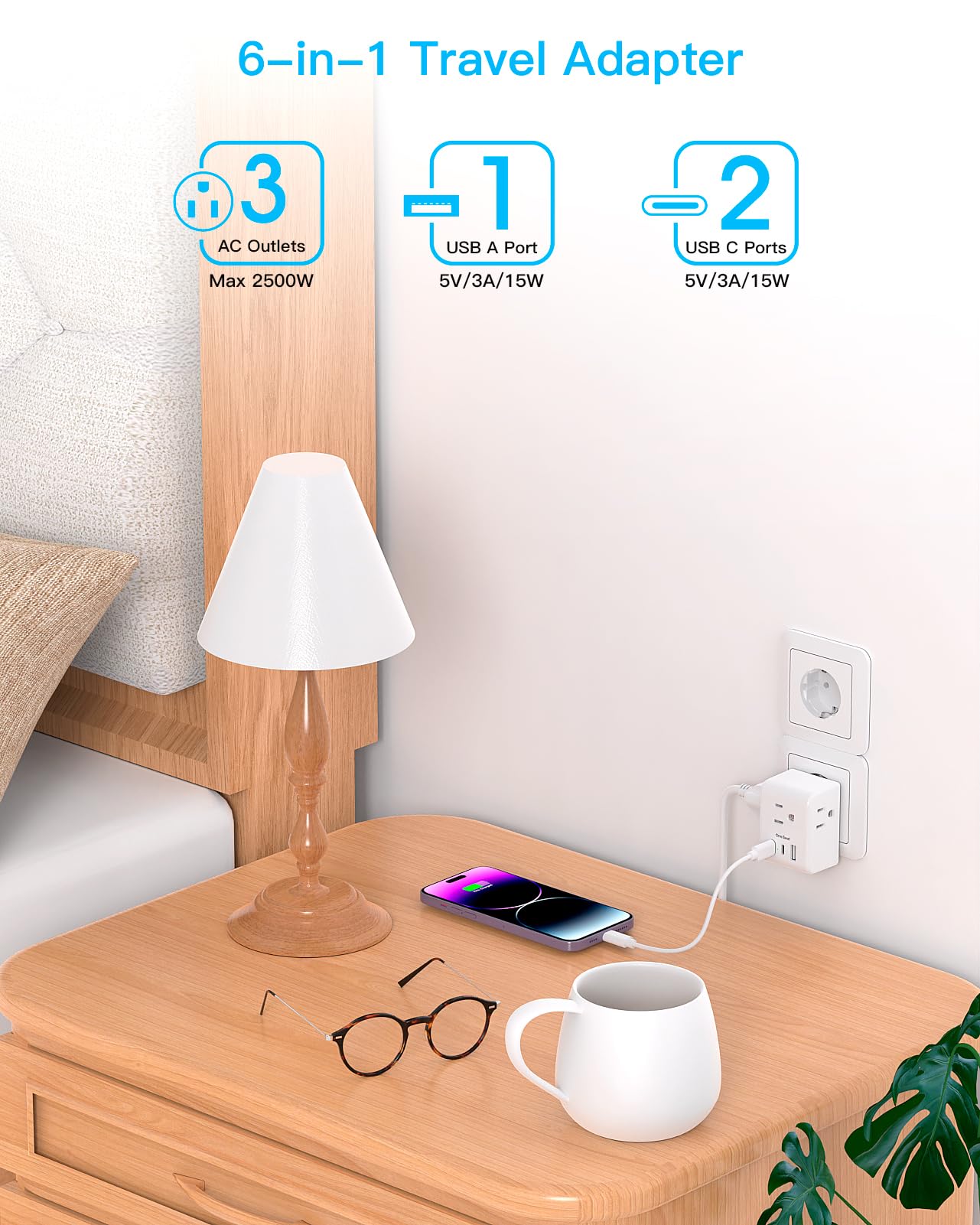 3 Pack European Travel Plug Adapter, One Beat International Power Plug Adapter With 3 Outlets 3 Usb Ports(2 Usb C), Type C Adapt