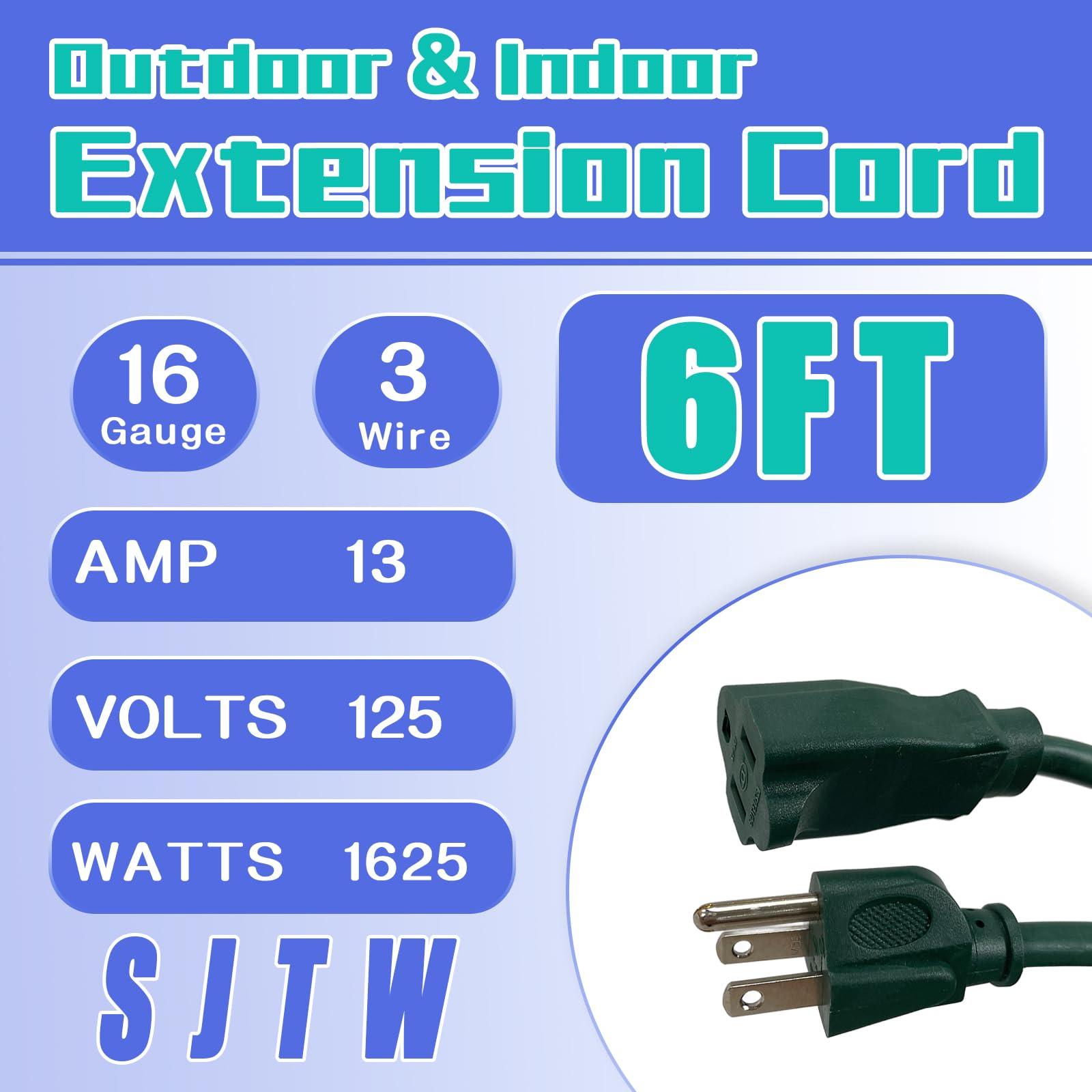 Greatide Indoor Outdoor Extension Cord 6 Ft, 16/3 Sjtw Weatherproof Green Electrical Cords, 13 Amp Heavy Duty 3 Prong Power Cabl