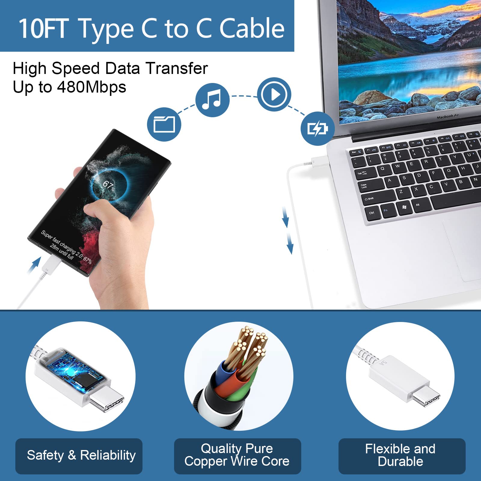 S23 S22 Super Fast Charger Type C, 45W Usb C Fast Charger Block With 10Ft Android Phone Charging Cable For Samsung Galaxy S23 Ul