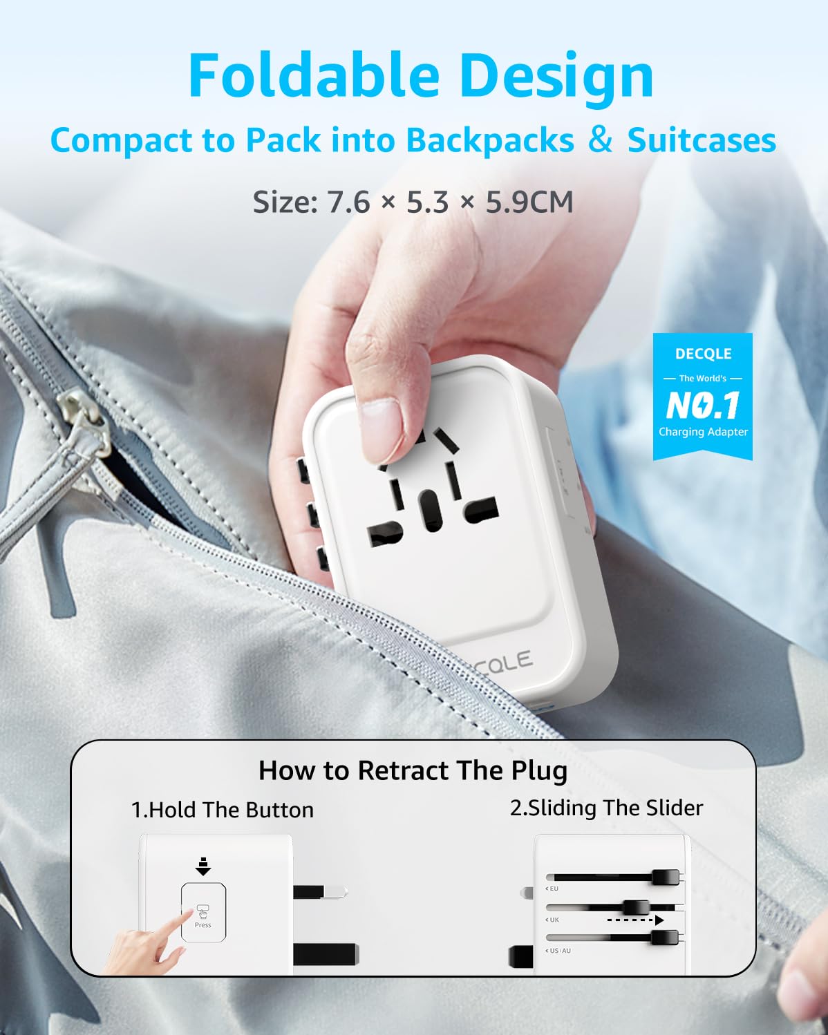 Decqle Universal Travel Adapter, International Travel Plug Adapter With 2 Usb-C(Pd 20W) & 1 Usb-A Ports, All In One Portable Ada
