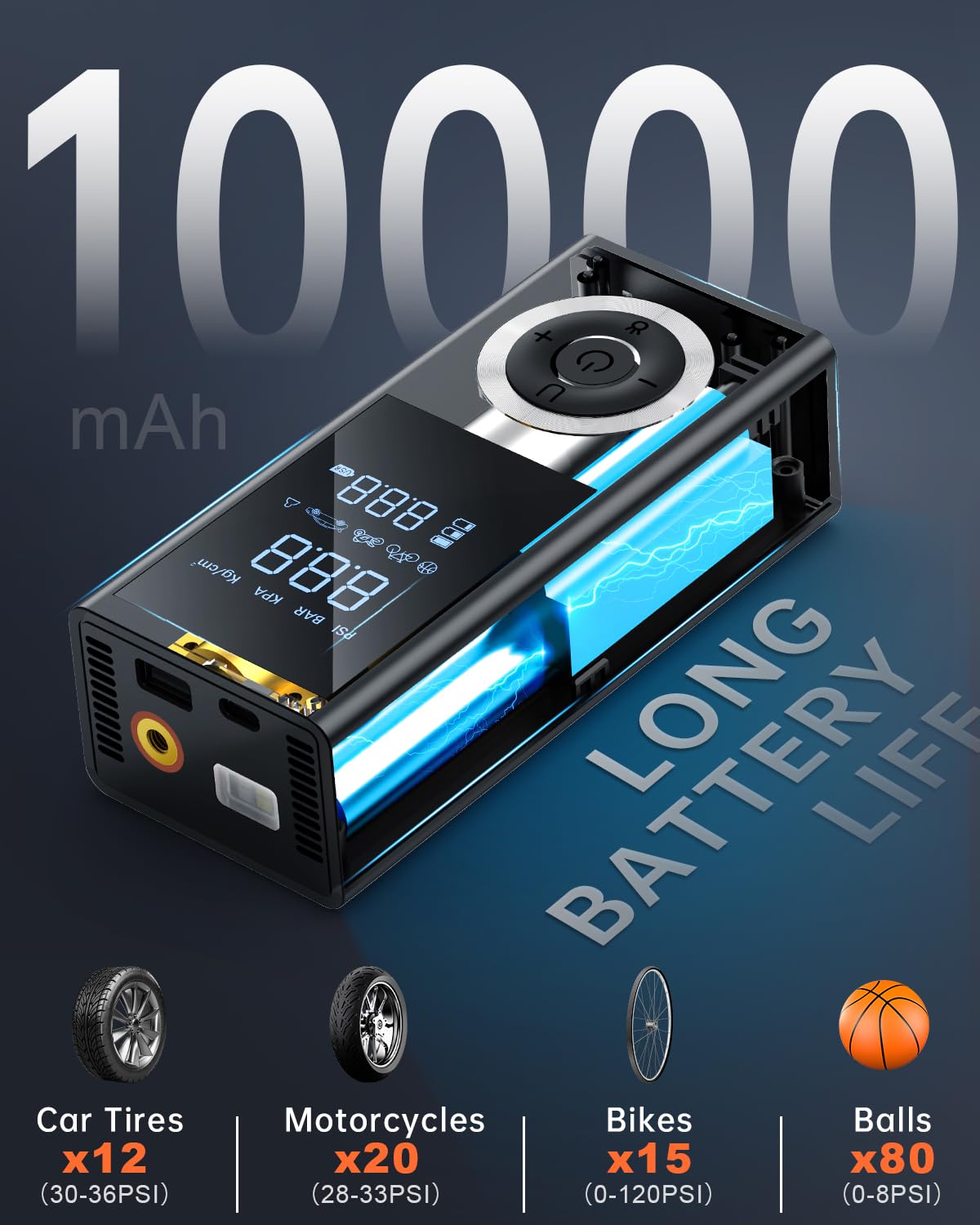 Tire Inflator Portable Air Compressor, Cordless 150 Psi Air Pump With Rechargeable Battery, Tire Pressure Gauge, 12V Car Power A