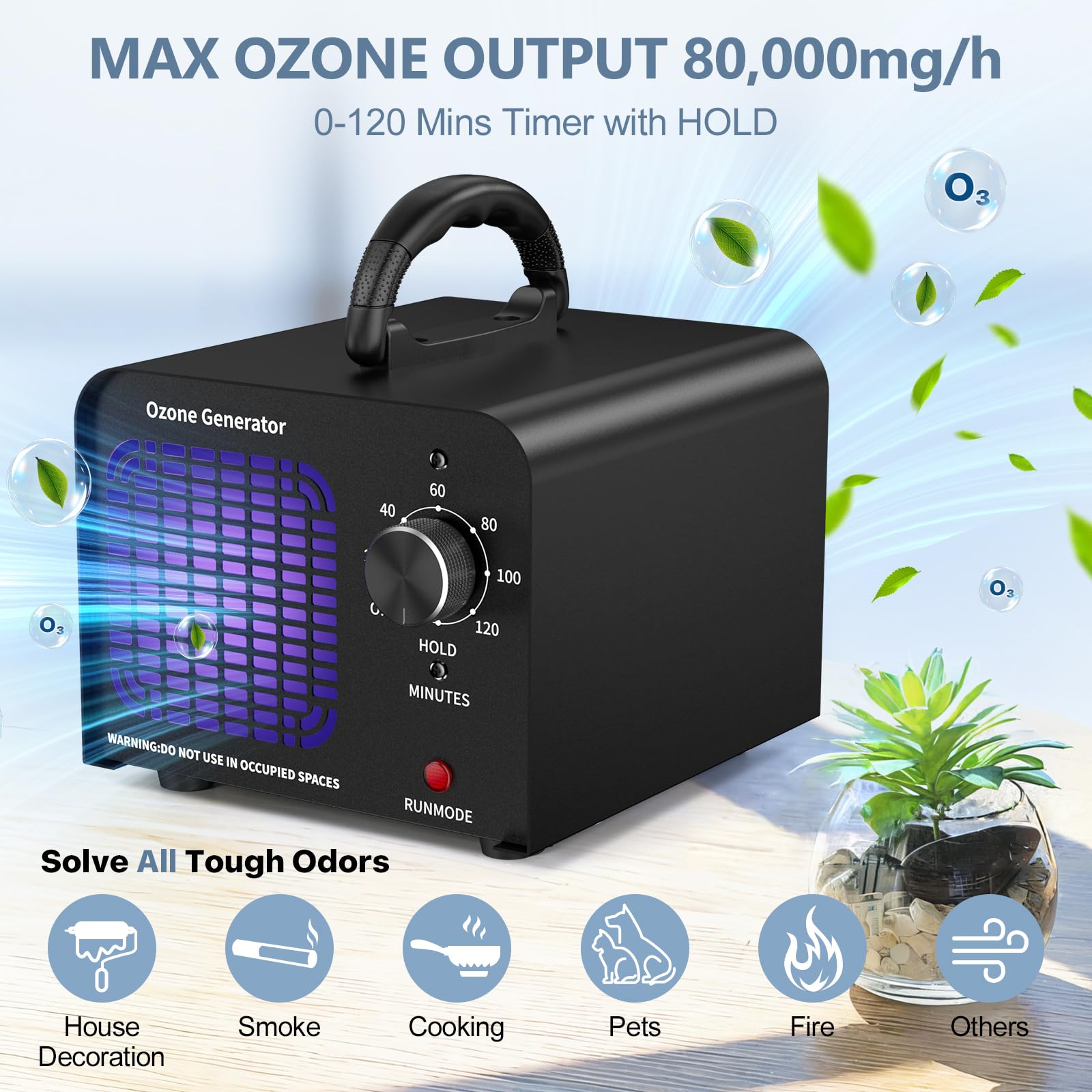 Ozone Generator 80000Mg/H, Ionizer High Capacity Odor Eliminator, Ozone Machine For Car/Home/Smoke/Pet Odor Removal(Black)