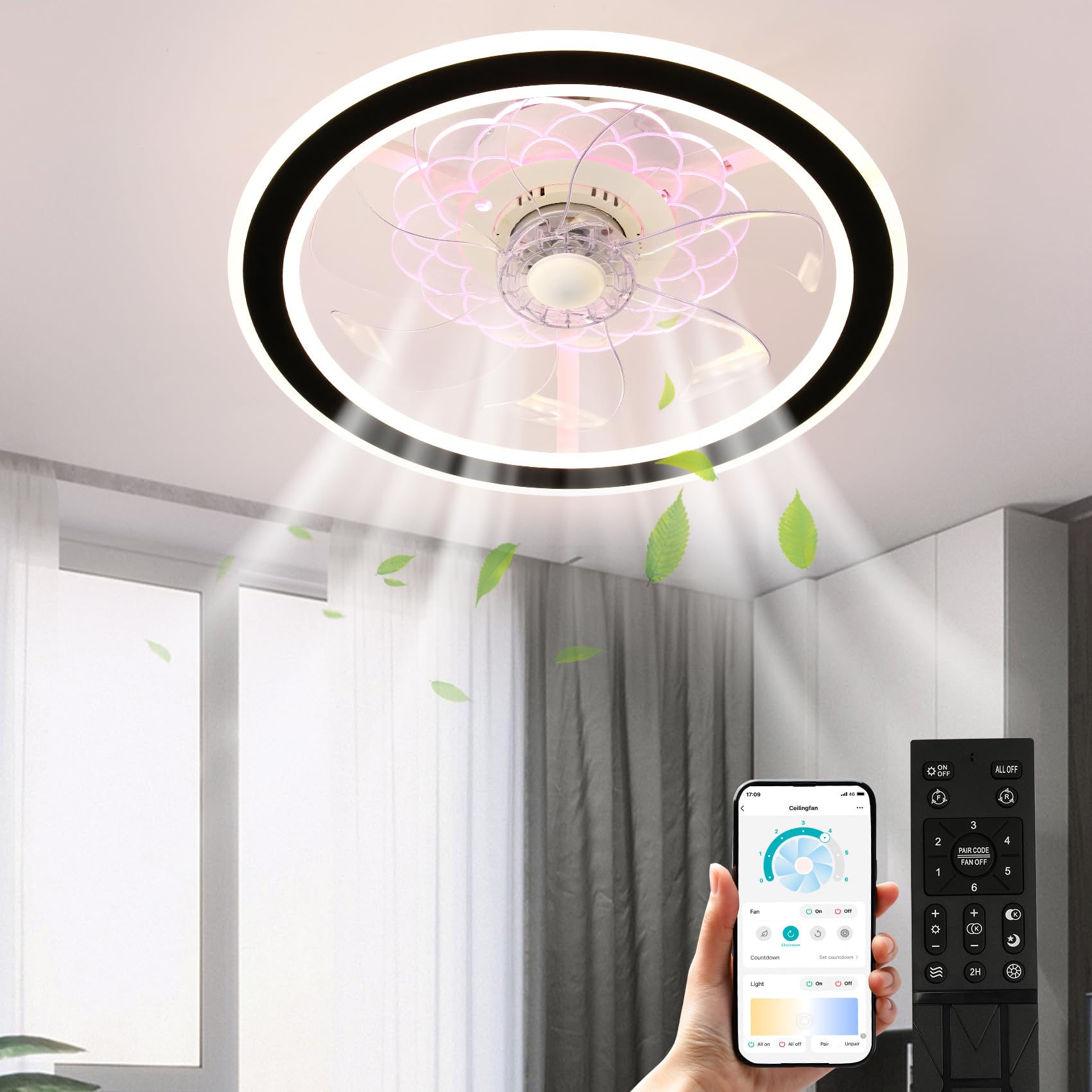 Tcfundy 18'' Ceiling Fan With Light, Led Low Profile Ceiling Fan Lights Remote Control Dimmable 3 Lighting Modes & 6 Level Wind
