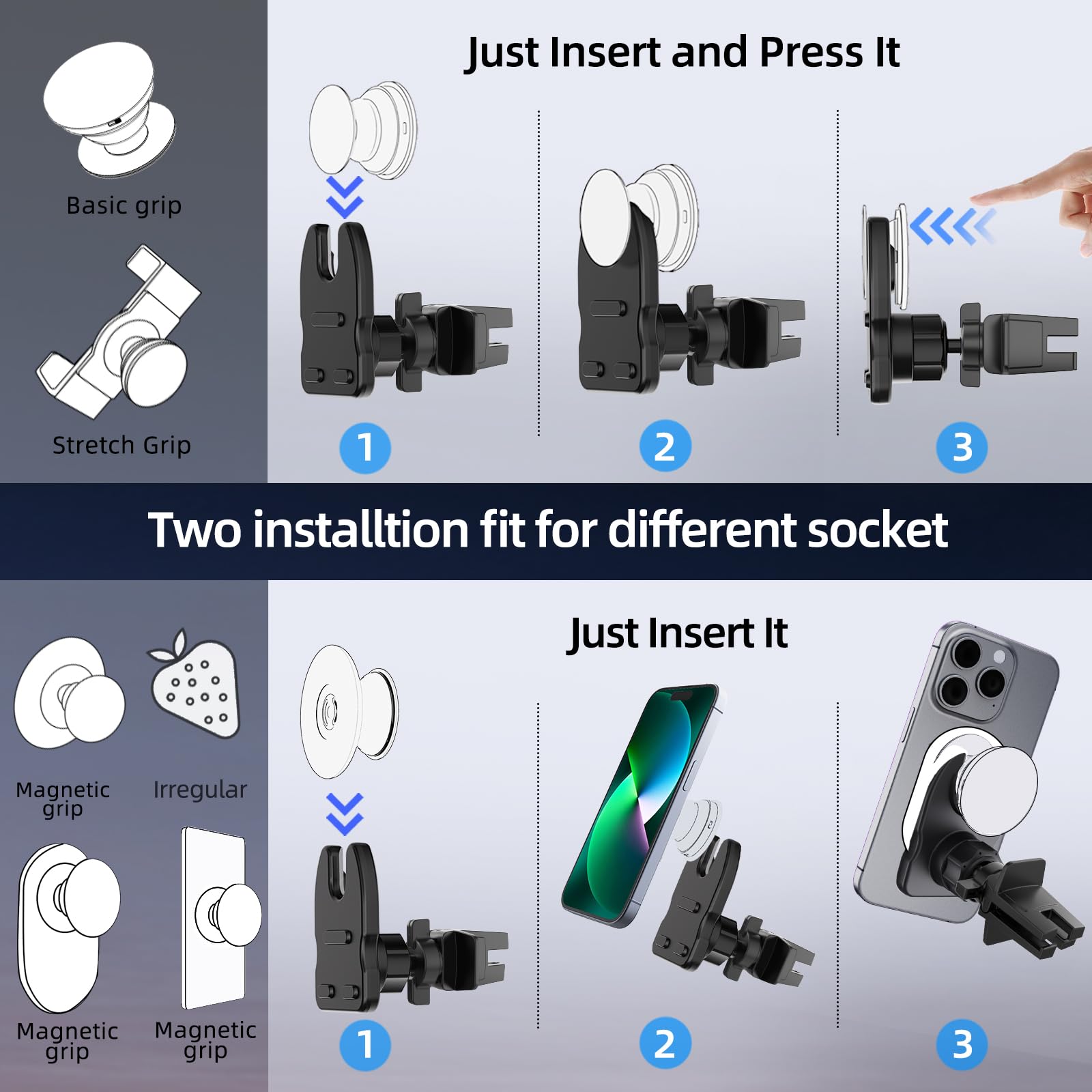 Jcbakc Socket Car Mount For Dashboard Air Vent Windshield,Car Phone Holder For Socket Grip With 2 Mounts,3 In 1 Stable Air Vent