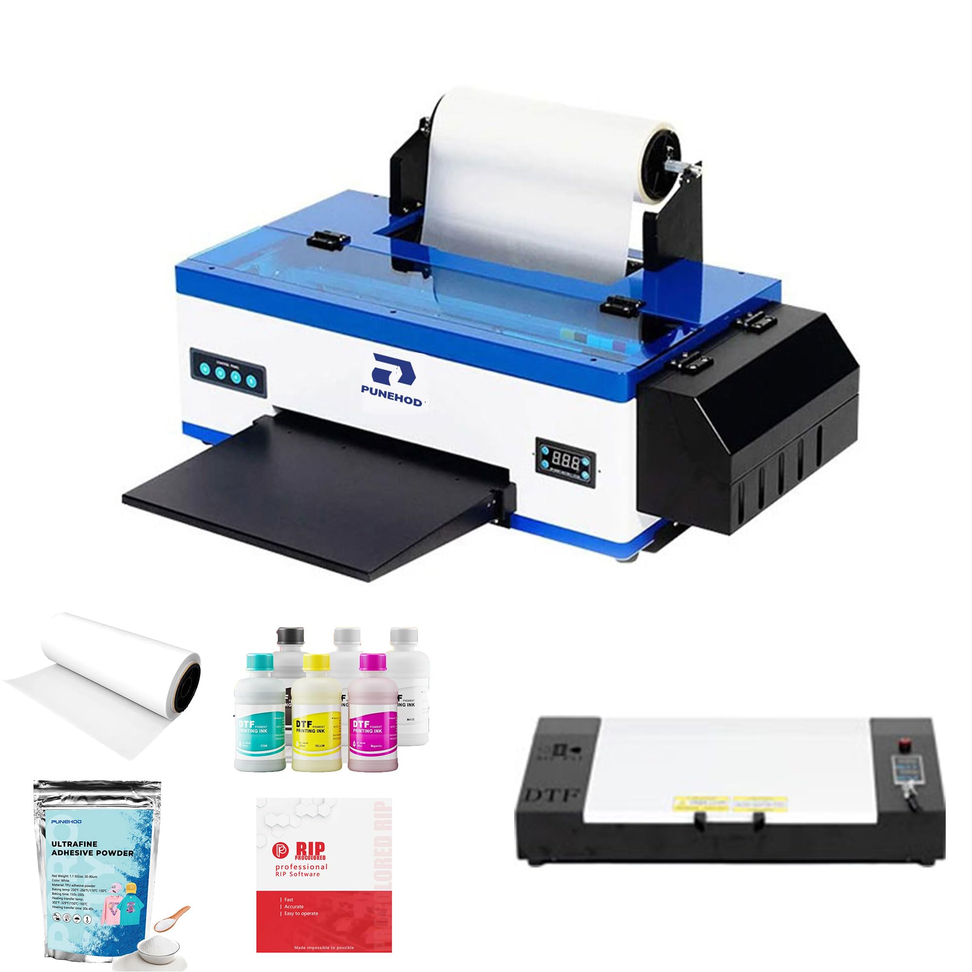 PUNEHOD A3 DTF Printer, R1390 Direct to Film Machine, White Ink Circulation System, Roller and Sheets Feeder, Compatible with Mu