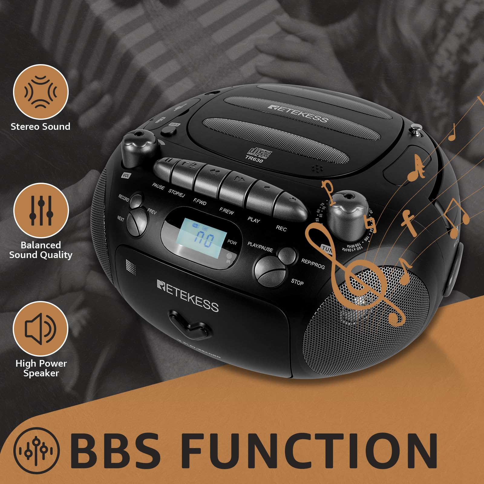 Retekess Tr630 Cassette Tape Player, Cd Boombox Radio, Portable Cd And Cassette Player Combo, Recording Transcription, Usb, Micr
