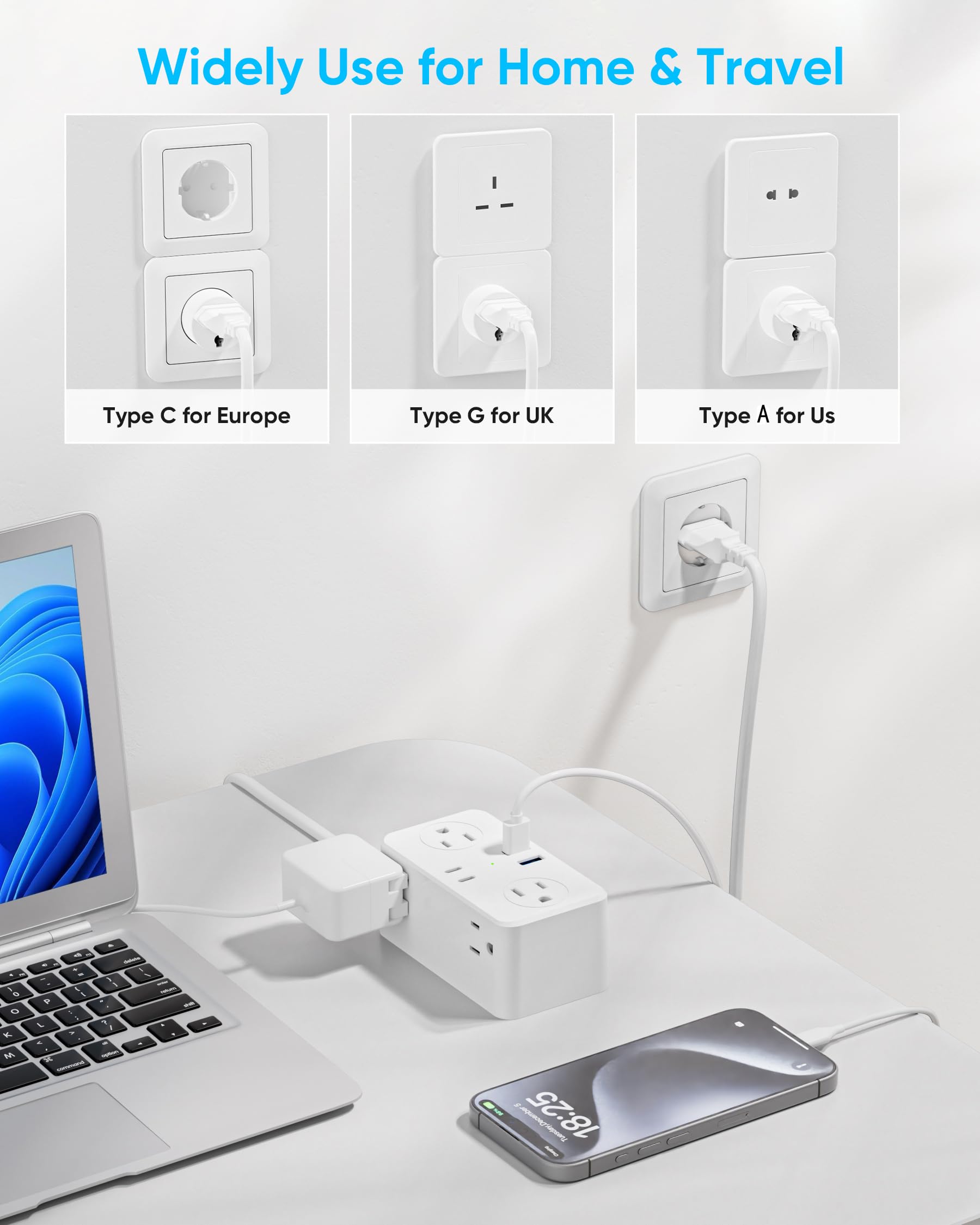 Kakyanill European Travel Plug Adapter, Type E F Plug Adapter, 6 Ac Outlets, 4 Usb Ports (2 Usb C), 3Ft Wrapped Around Extension